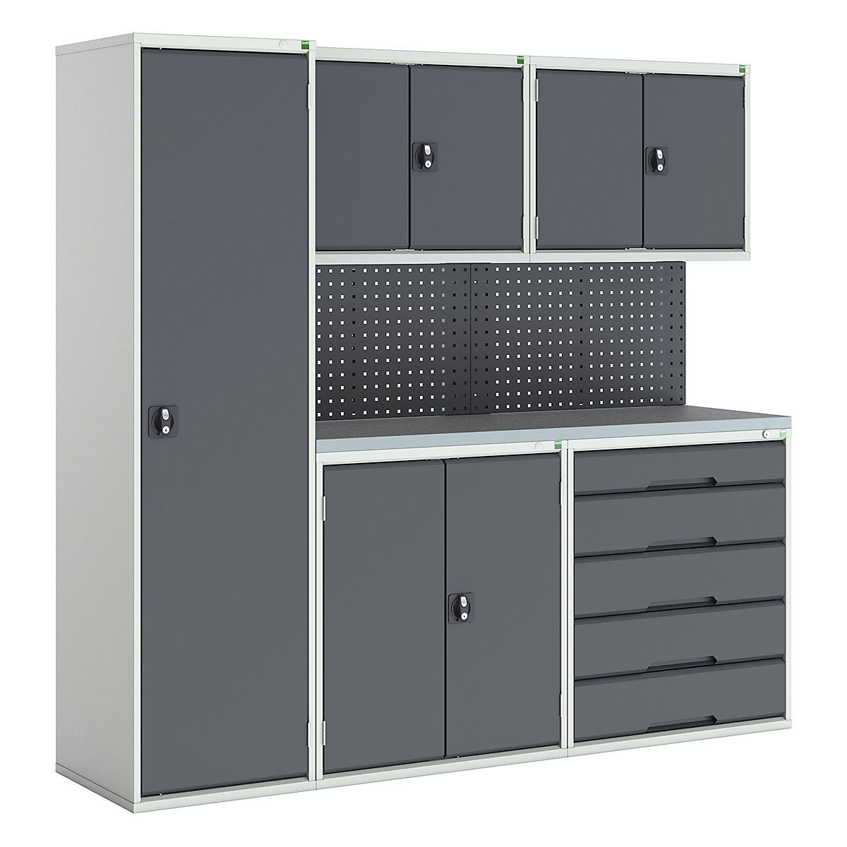 Bott Verso Modular Workshop Kits, Bott Verso Modular Workshop Kits, Bott Verso Modular Workshop Kit | 2000h x 2125w x 590d mm | 4 Cupboards & 1 Cabinet | Perfo Back Panel | Anthracite Grey-0