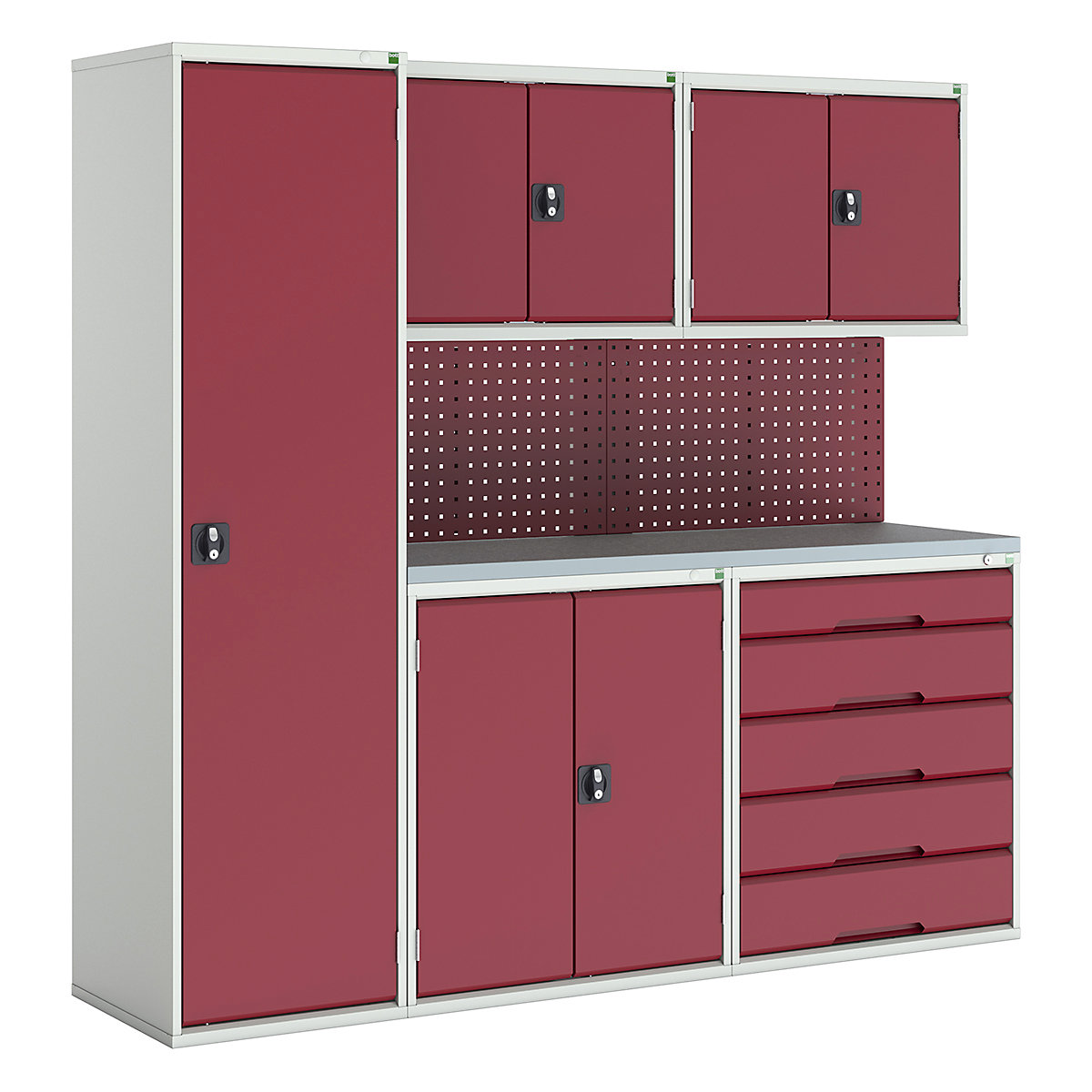 Bott Verso Modular Workshop Kits, Bott Verso Modular Workshop Kits, Bott Verso Modular Workshop Kit | 2000h x 2125w x 590d mm | 4 Cupboards & 1 Cabinet | Perfo Back Panel | Red-0