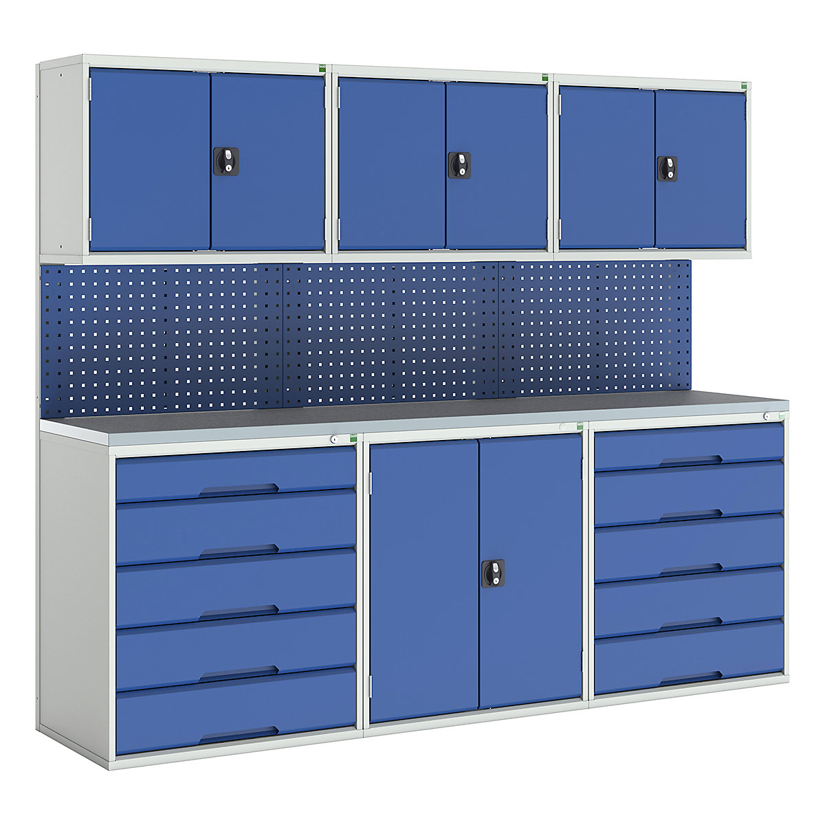 Bott Verso Modular Workshop Kits, Bott Verso Modular Workshop Kits, Bott Verso Modular Workshop Kit | 2000h x 2400w x 590d mm | 4 Cupboards & 2 Cabinets | Perfo Back Panel | Blue-0