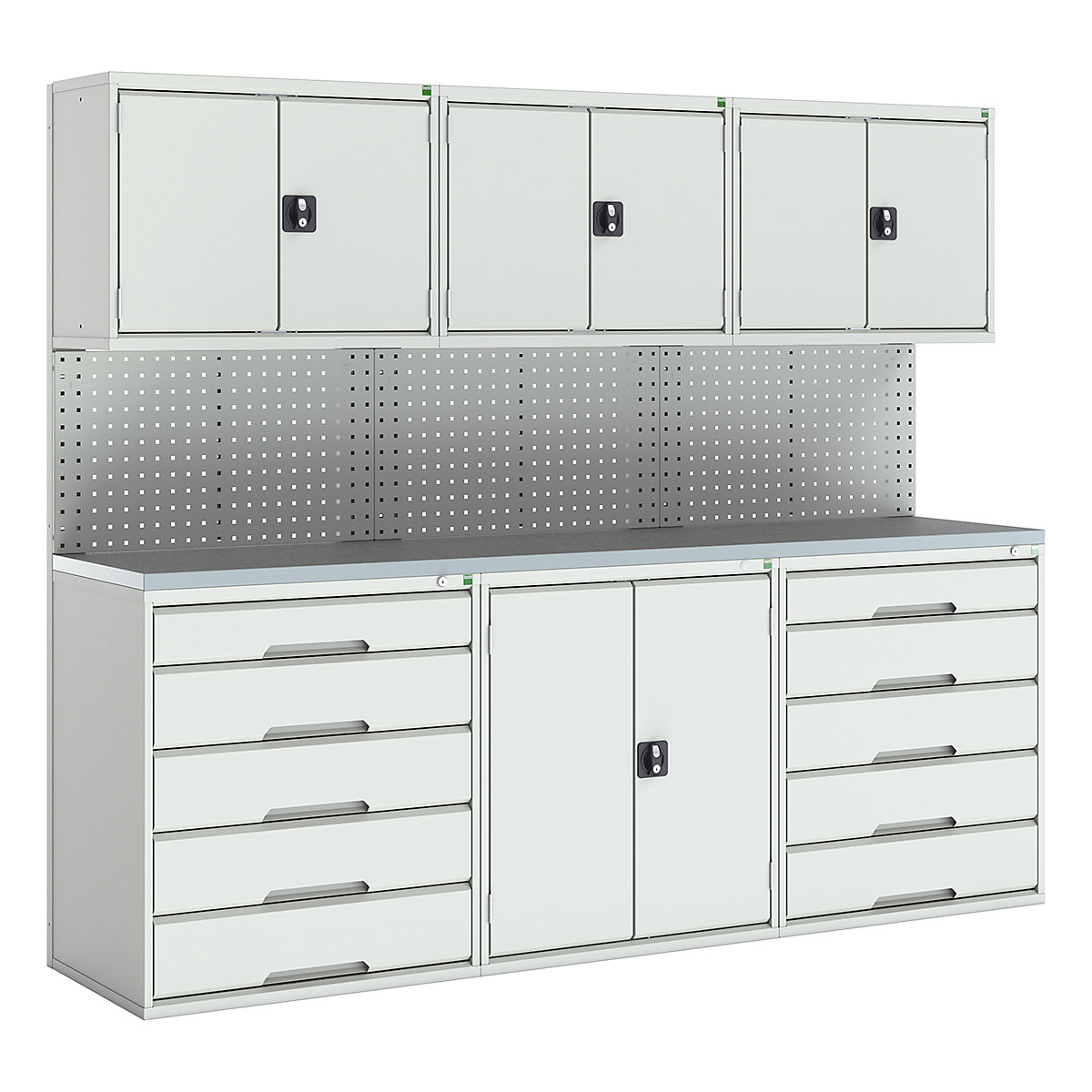 Bott Verso Modular Workshop Kits, Bott Verso Modular Workshop Kits, Bott Verso Modular Workshop Kit | 2000h x 2400w x 590d mm | 4 Cupboards & 2 Cabinets | Perfo Back Panel | Light Grey-0