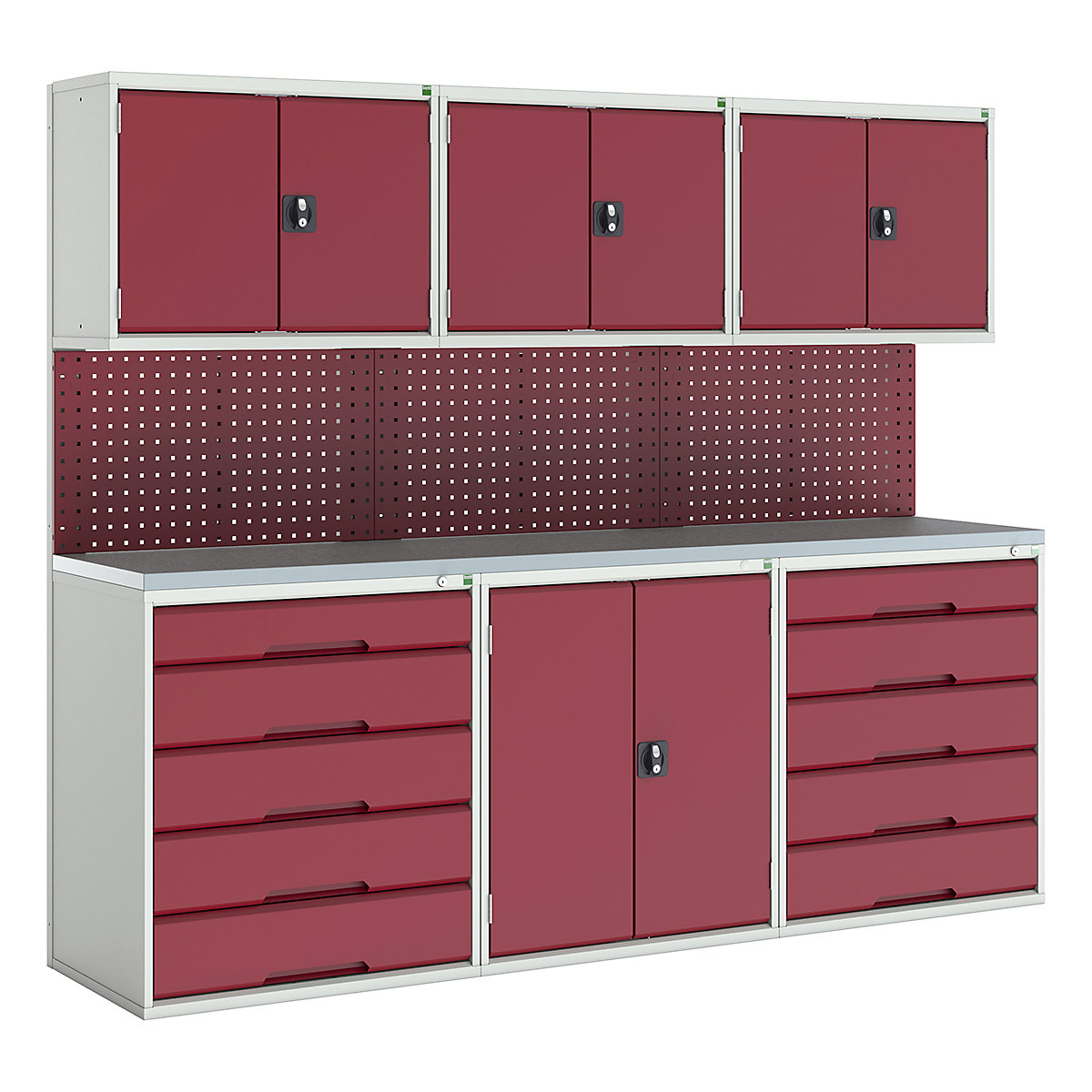 Bott Verso Modular Workshop Kits, Bott Verso Modular Workshop Kits, Bott Verso Modular Workshop Kit | 2000h x 2400w x 590d mm | 4 Cupboards & 2 Cabinets | Perfo Back Panel | Red-0
