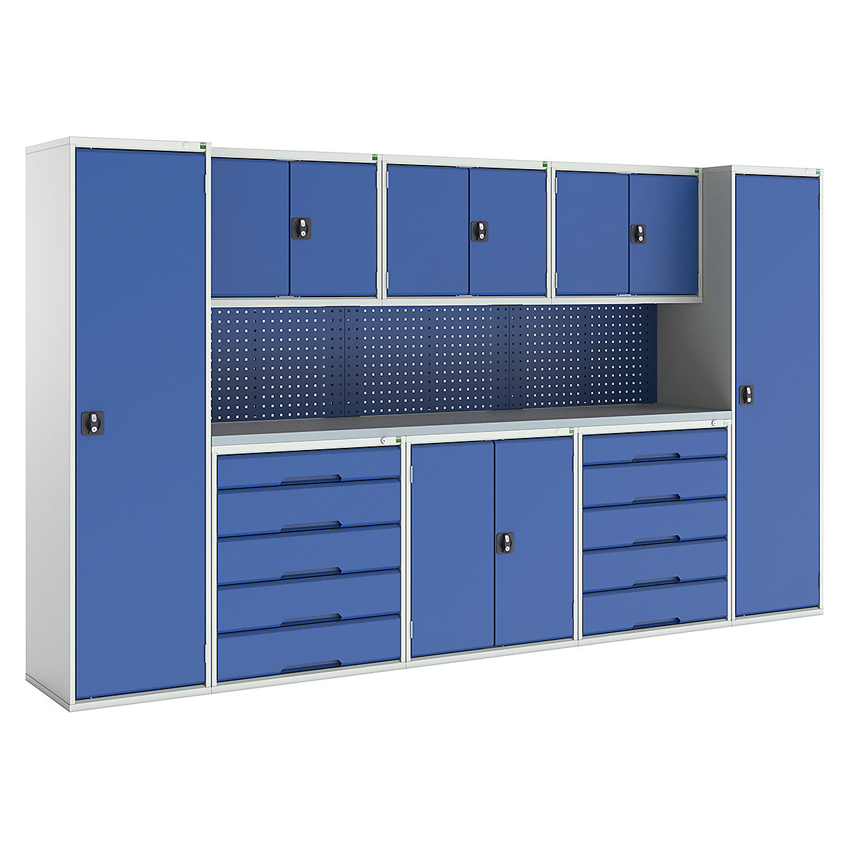 Bott Verso Modular Workshop Kits, Bott Verso Modular Workshop Kits, Bott Verso Modular Workshop Kit | 2000h x 3450w x 590d mm | 6 Cupboards & 2 Cabinets | Perfo Back Panel | Blue-0