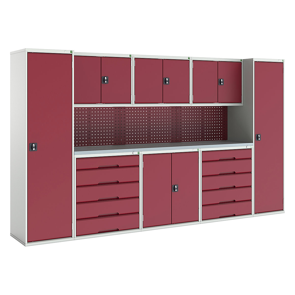 Bott Verso Modular Workshop Kits, Bott Verso Modular Workshop Kits, Bott Verso Modular Workshop Kit | 2000h x 3450w x 590d mm | 6 Cupboards & 2 Cabinets | Perfo Back Panel | Red-0