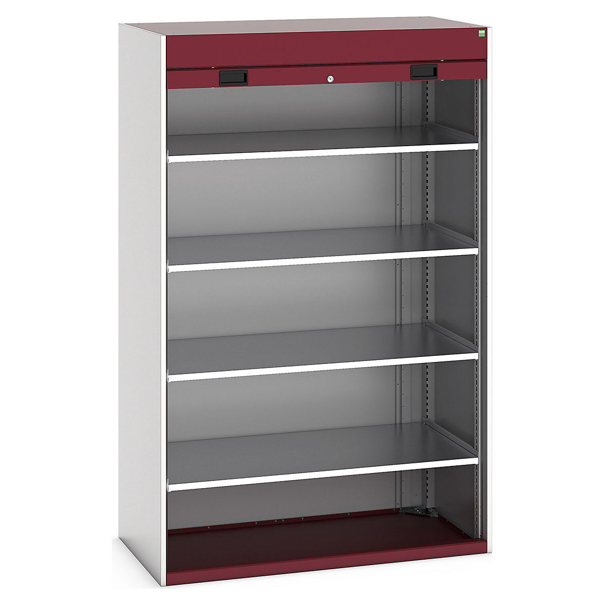 Bott Cubio Roller Shutter Door Cupboards, Bott Cubio Roller Shutter Door Cupboards, Bott Cubio Roller Shutter Door Cupboard | 2000h x 1300w x 650d mm | 4 Shelves | Red Doors | Light Grey Housing-0