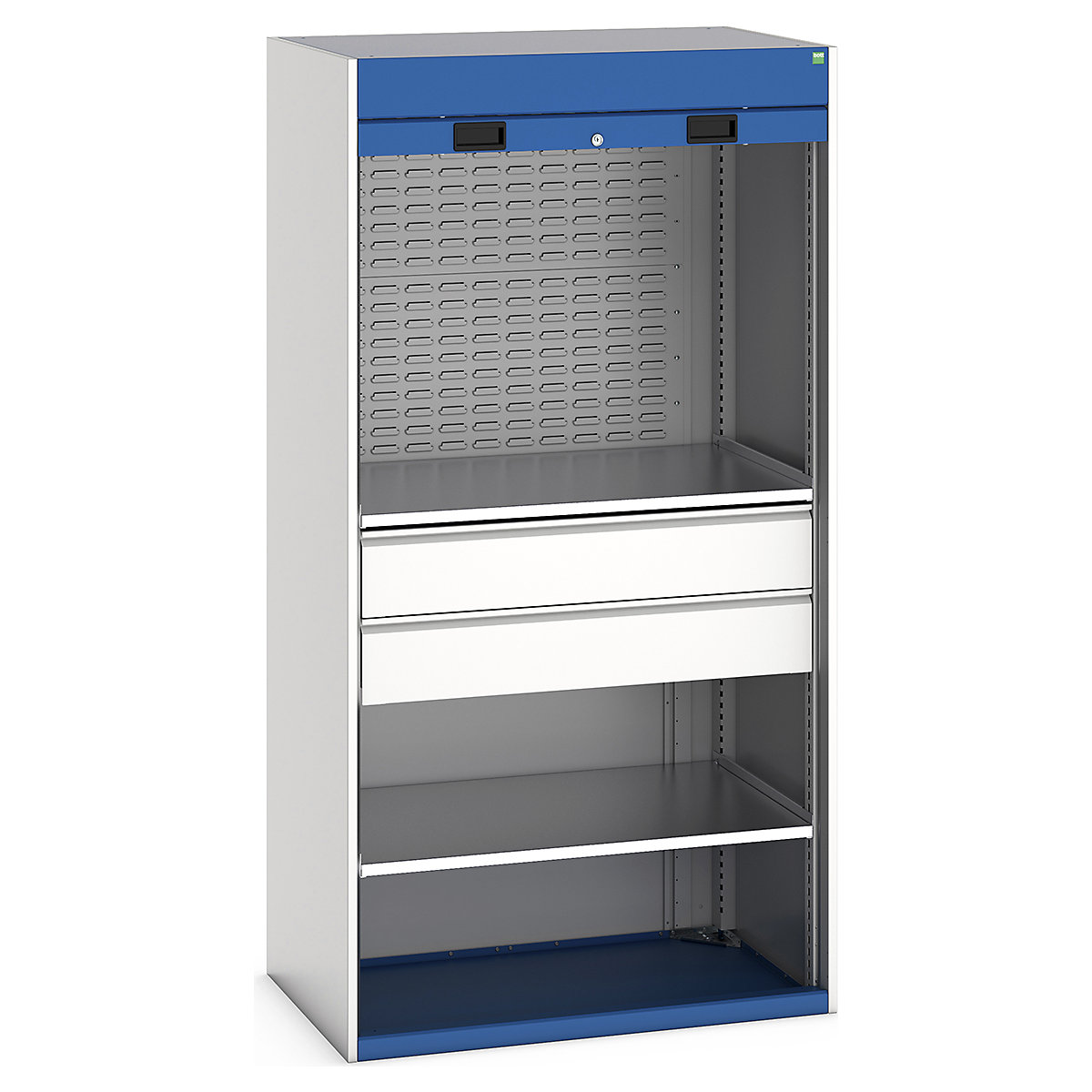 Bott Cubio Roller Shutter Door Cupboards, Bott Cubio Roller Shutter Door Cupboards, Bott Cubio Roller Shutter Door Cupboard | 2000h x 1050w x 650d mm | 2 Shelves | 2 x 175mm Drawers | 2 Louvre Panels | Blue Doors | Light Grey Housing-0