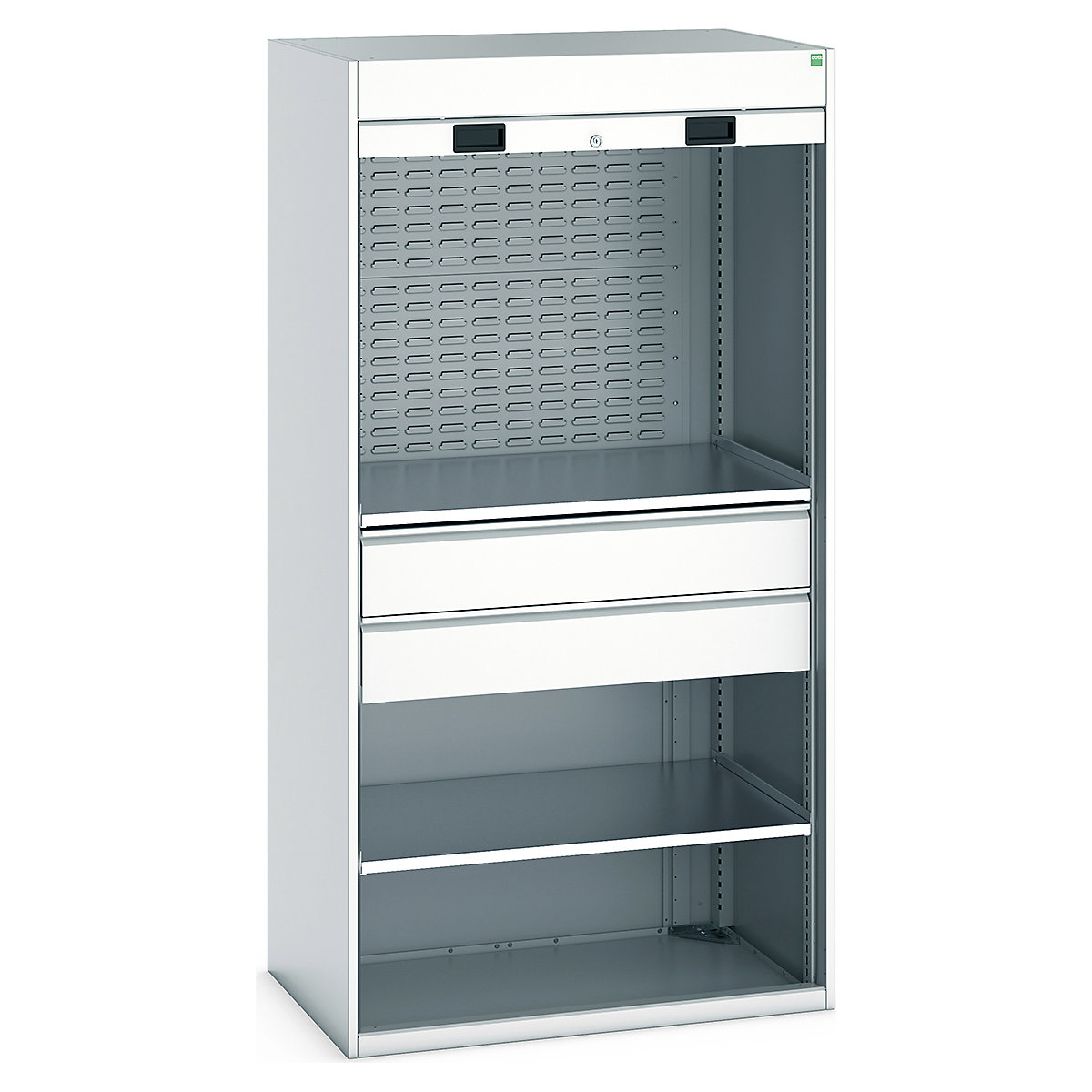 Bott Cubio Roller Shutter Door Cupboards, Bott Cubio Roller Shutter Door Cupboards, Bott Cubio Roller Shutter Door Cupboard | 2000h x 1050w x 650d mm | 2 Shelves | 2 x 175mm Drawers | 2 Louvre Panels | Light Grey Doors | Light Grey Housing-0