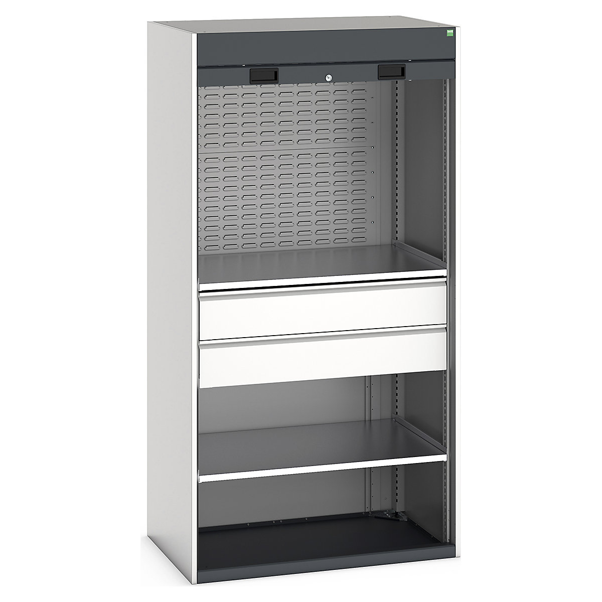 Bott Cubio Roller Shutter Door Cupboards, Bott Cubio Roller Shutter Door Cupboards, Bott Cubio Roller Shutter Door Cupboard | 2000h x 1050w x 650d mm | 2 Shelves | 2 x 175mm Drawers | 2 Louvre Panels | Dark Grey Doors | Light Grey Housing-0