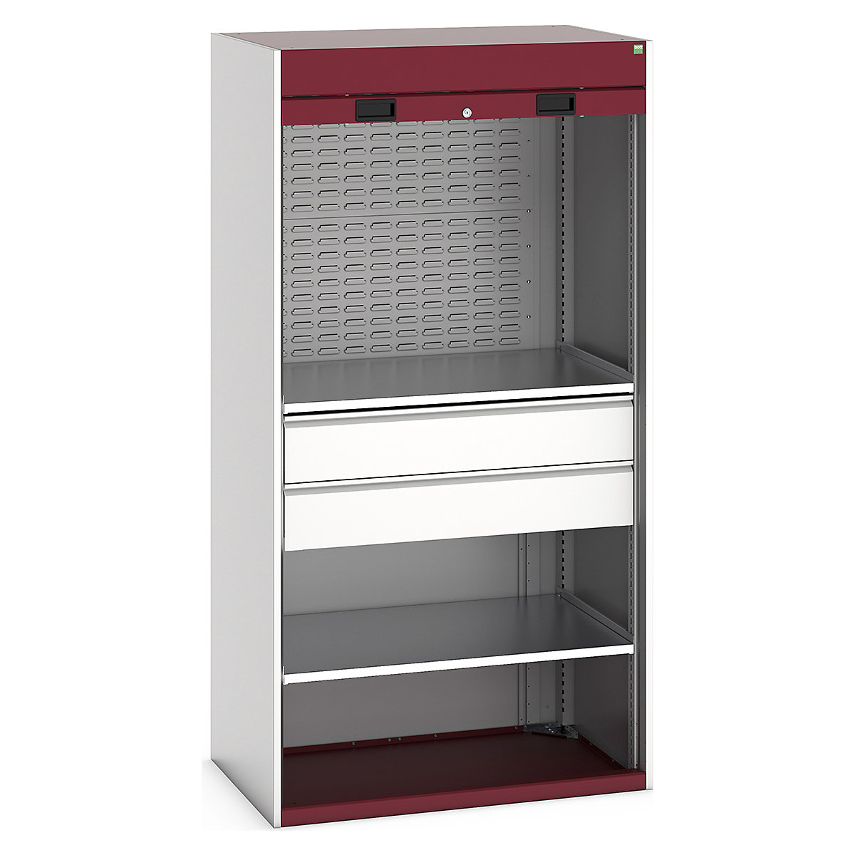 Bott Cubio Roller Shutter Door Cupboards, Bott Cubio Roller Shutter Door Cupboards, Bott Cubio Roller Shutter Door Cupboard | 2000h x 1050w x 650d mm | 2 Shelves | 2 x 175mm Drawers | 2 Louvre Panels | Red Doors | Light Grey Housing-0
