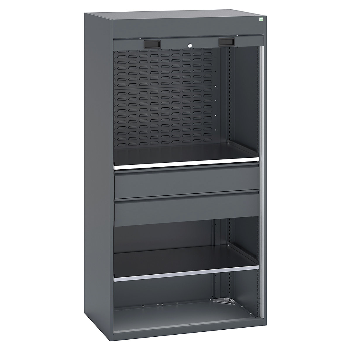 Bott Cubio Roller Shutter Door Cupboards, Bott Cubio Roller Shutter Door Cupboards, Bott Cubio Roller Shutter Door Cupboard | 2000h x 1050w x 650d mm | 2 Shelves | 2 x 175mm Drawers | 2 Louvre Panels | Dark Grey Doors | Dark Grey Housing-0