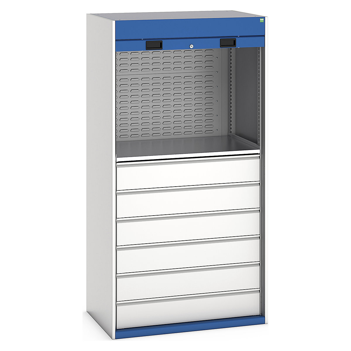 Bott Cubio Roller Shutter Door Cupboards, Bott Cubio Roller Shutter Door Cupboards, Bott Cubio Roller Shutter Door Cupboard | 2000h x 1050w x 650d mm | 1 Shelf | 6 x 175mm Drawers | 2 Louvre Panels | Blue Doors | Light Grey Housing-0