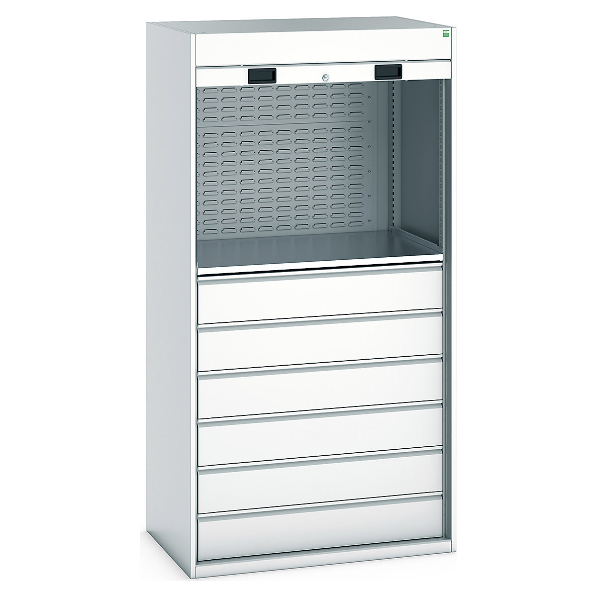 Bott Cubio Roller Shutter Door Cupboards, Bott Cubio Roller Shutter Door Cupboards, Bott Cubio Roller Shutter Door Cupboard | 2000h x 1050w x 650d mm | 1 Shelf | 6 x 175mm Drawers | 2 Louvre Panels | Light Grey Doors | Light Grey Housing-0