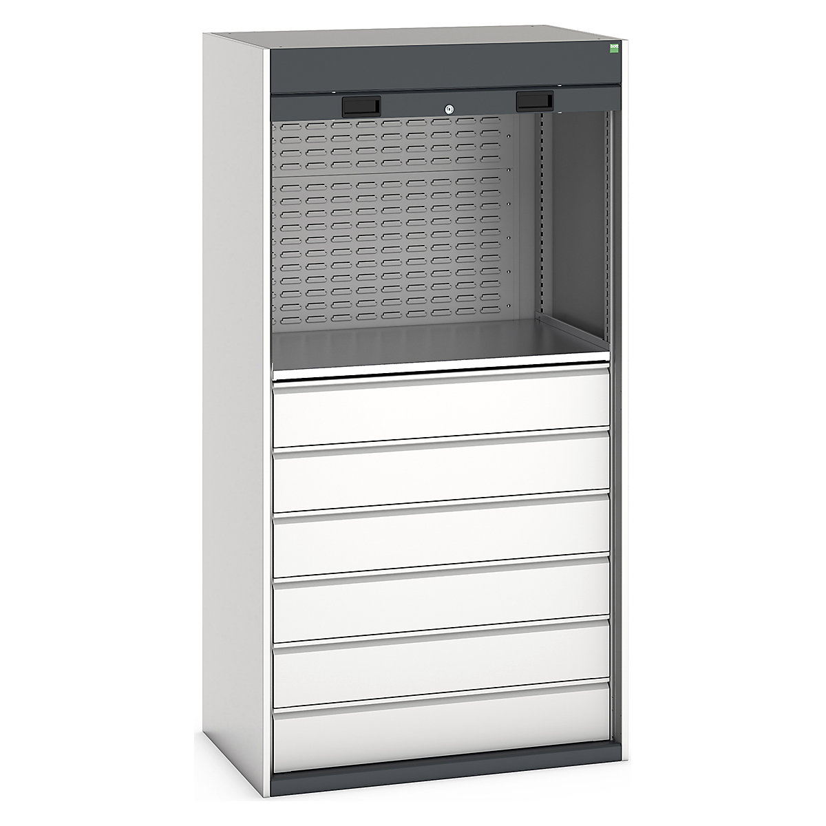 Bott Cubio Roller Shutter Door Cupboards, Bott Cubio Roller Shutter Door Cupboards, Bott Cubio Roller Shutter Door Cupboard | 2000h x 1050w x 650d mm | 1 Shelf | 6 x 175mm Drawers | 2 Louvre Panels | Dark Grey Doors | Light Grey Housing-0