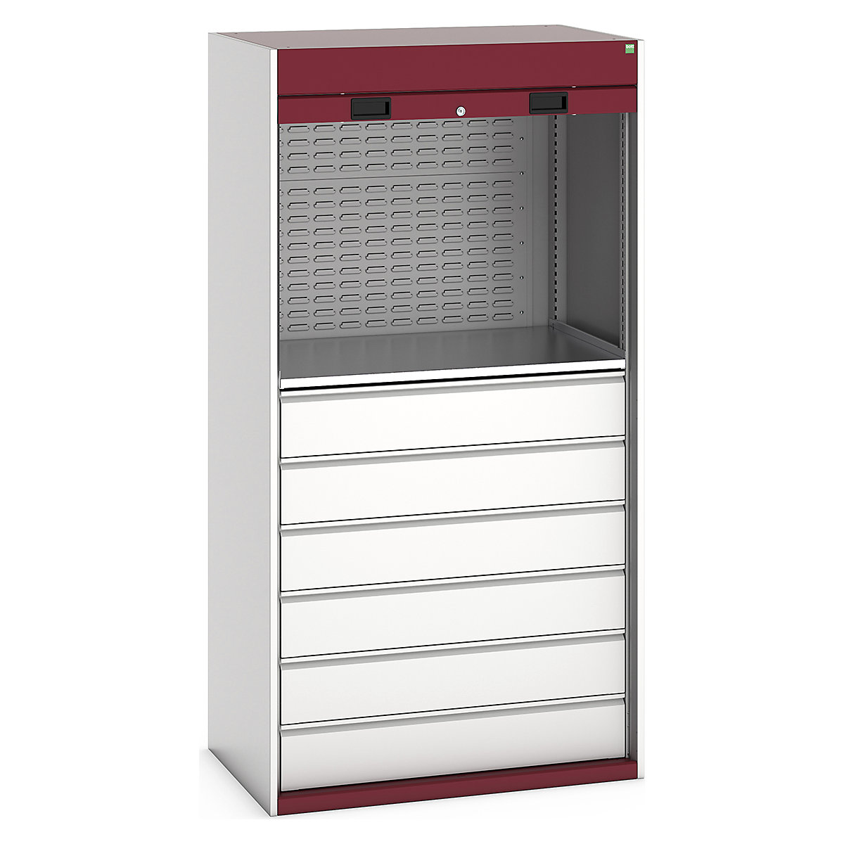 Bott Cubio Roller Shutter Door Cupboards, Bott Cubio Roller Shutter Door Cupboards, Bott Cubio Roller Shutter Door Cupboard | 2000h x 1050w x 650d mm | 1 Shelf | 6 x 175mm Drawers | 2 Louvre Panels | Red Doors | Light Grey Housing-0