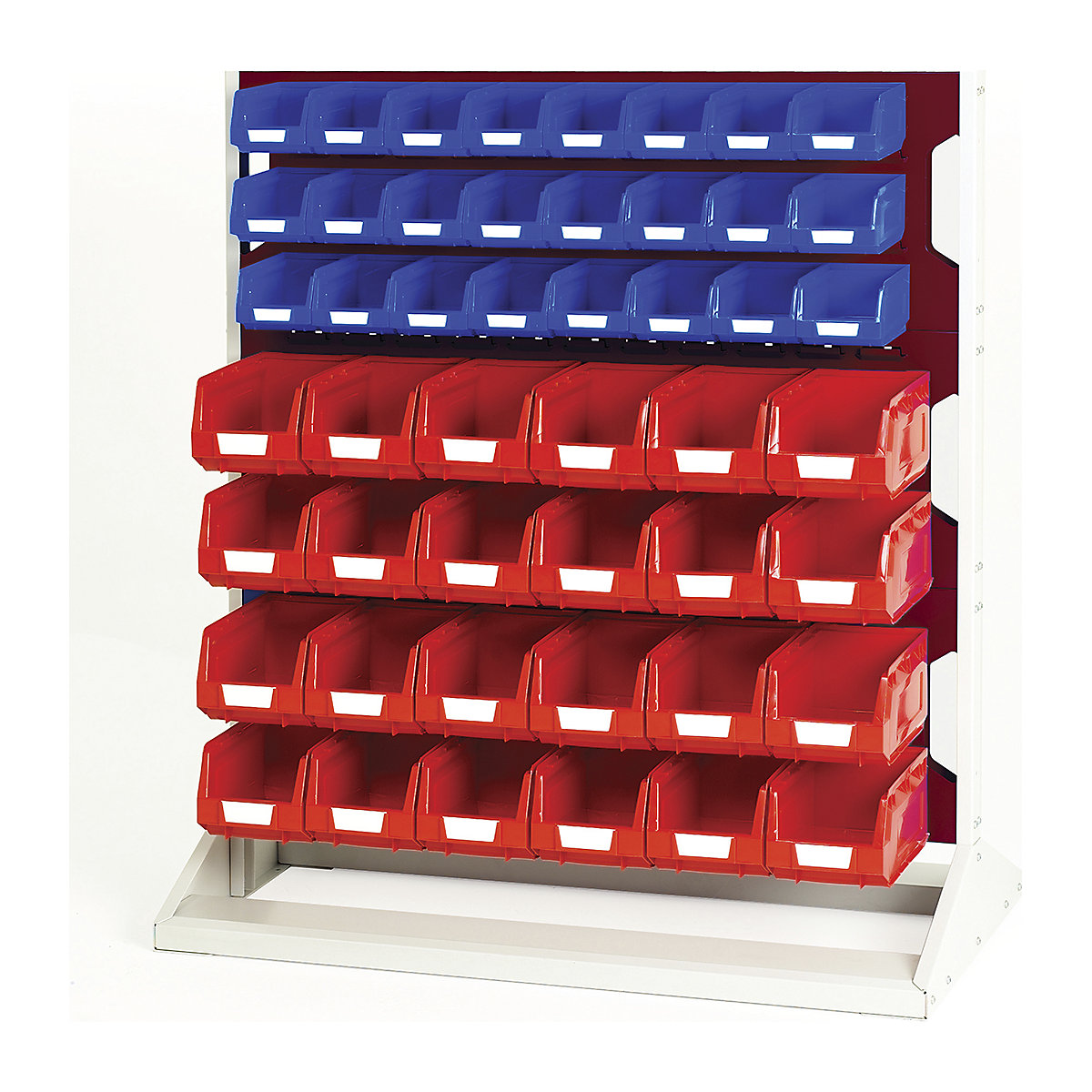 Bott Perfo Louvre Panel Rack | 1125mm High, Bott Perfo Louvre Panel Rack | 1125mm High, Bott Perfo Louvre Panel Rack | Double Sided | 1125h x 1000w x 550d mm | 48 x No. 2 Red Bins & 48 x No. 3 Blue Bins | Red-0