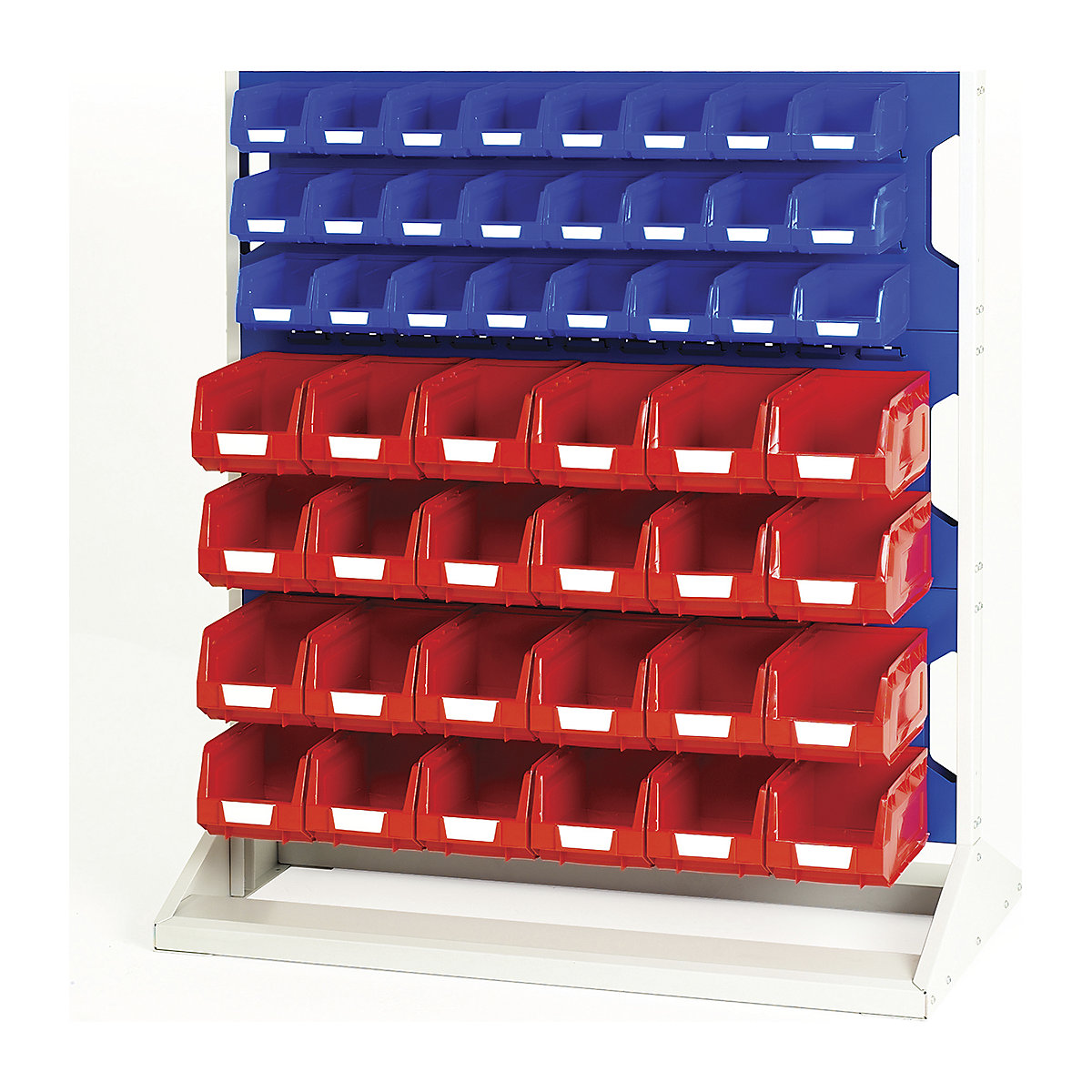 Bott Perfo Louvre Panel Rack | 1125mm High, Bott Perfo Louvre Panel Rack | 1125mm High, Bott Perfo Louvre Panel Rack | Single Sided | 1125h x 1000w x 550d mm | 24 x No. 2 Red Bins & 24 x No. 3 Blue Bins | Blue-0