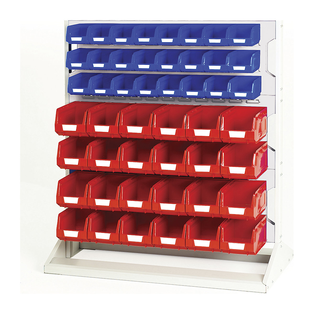Bott Perfo Louvre Panel Rack | 1125mm High, Bott Perfo Louvre Panel Rack | 1125mm High, Bott Perfo Louvre Panel Rack | Single Sided | 1125h x 1000w x 550d mm | 24 x No. 2 Red Bins & 24 x No. 3 Blue Bins | Light Grey-0