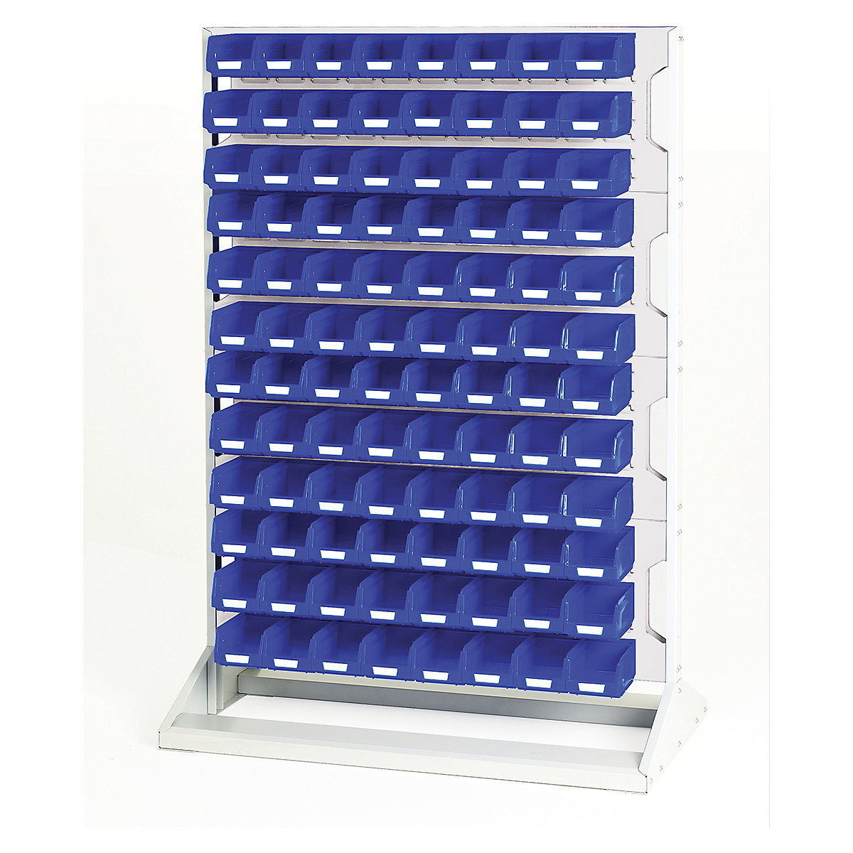 Bott Perfo Louvre Panel Rack | 1450mm High, Bott Perfo Louvre Panel Rack | 1450mm High, Bott Perfo Louvre Panel Rack | Double Sided | 1450h x 1000w x 550d mm | 192 x No. 2 Blue Bins | Light Grey-0