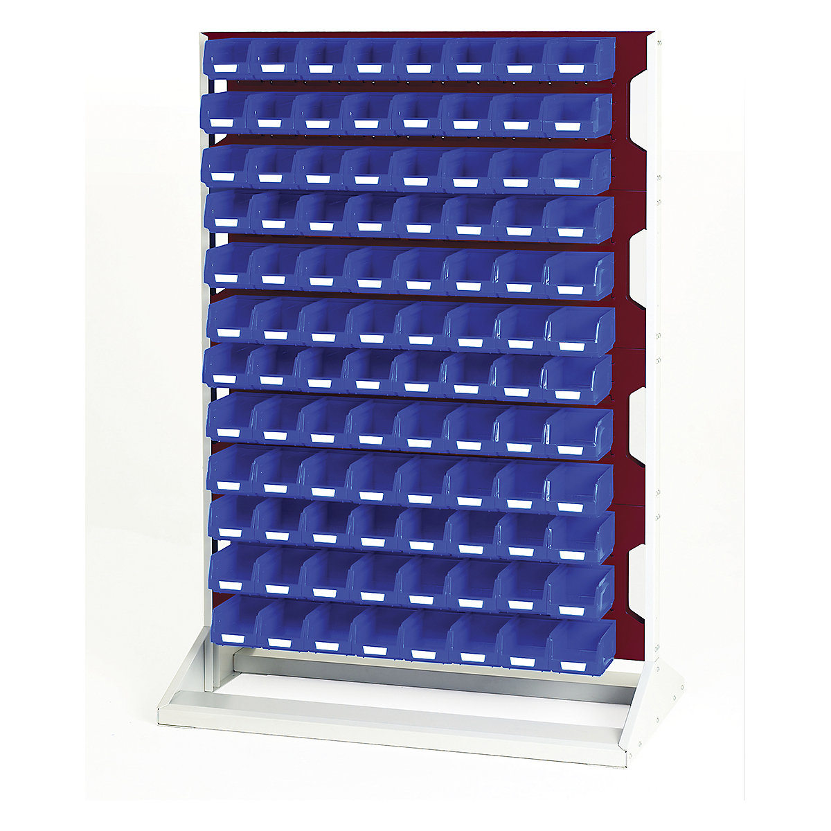 Bott Perfo Louvre Panel Rack | 1450mm High, Bott Perfo Louvre Panel Rack | 1450mm High, Bott Perfo Louvre Panel Rack | Double Sided | 1450h x 1000w x 550d mm | 192 x No. 2 Blue Bins | Red-0