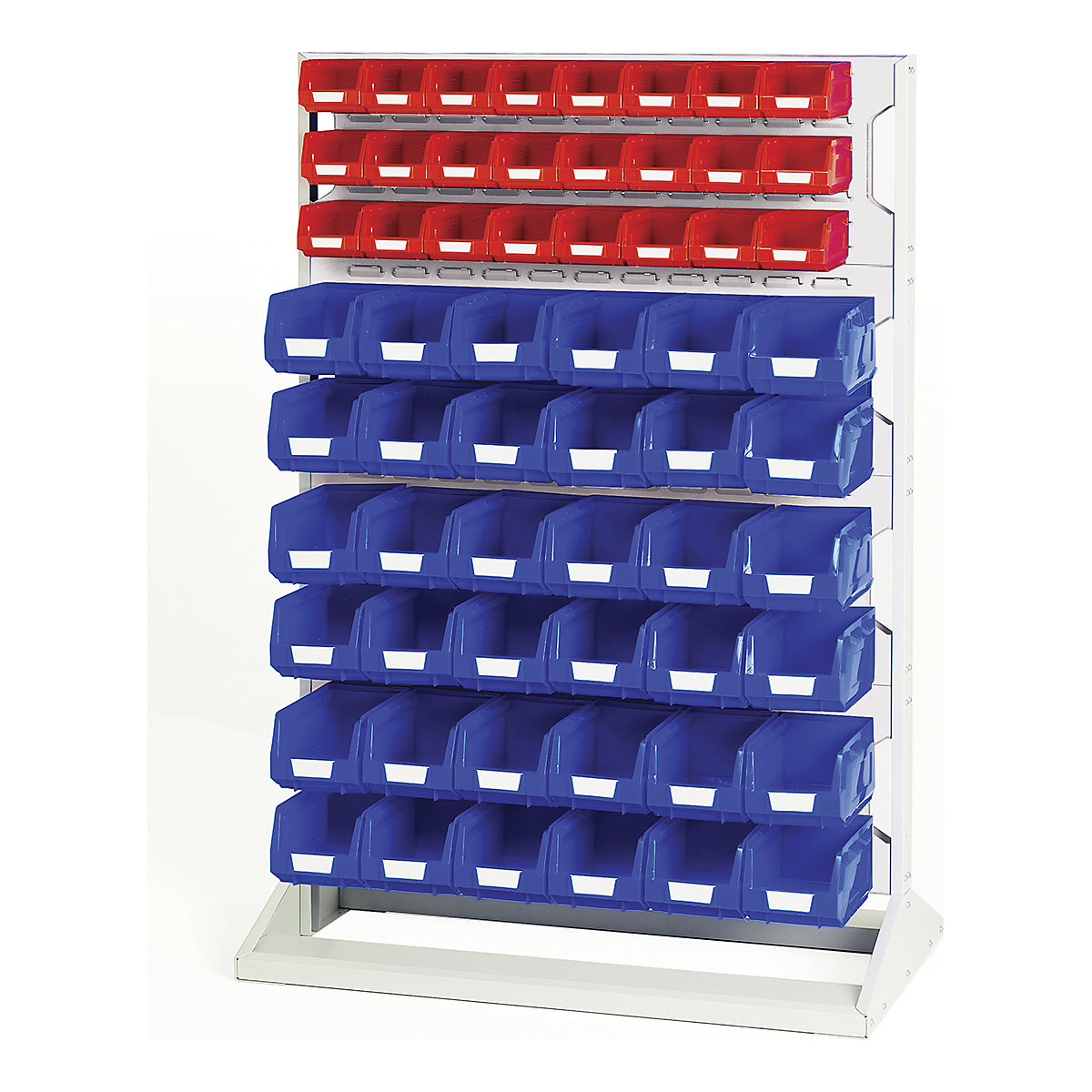 Bott Perfo Louvre Panel Rack | 1450mm High, Bott Perfo Louvre Panel Rack | 1450mm High, Bott Perfo Louvre Panel Rack | Double Sided | 1450h x 1000w x 550d mm | 48 x No. 2 Red Bins & 72 x No.3 Blue Bins | Light Grey-0
