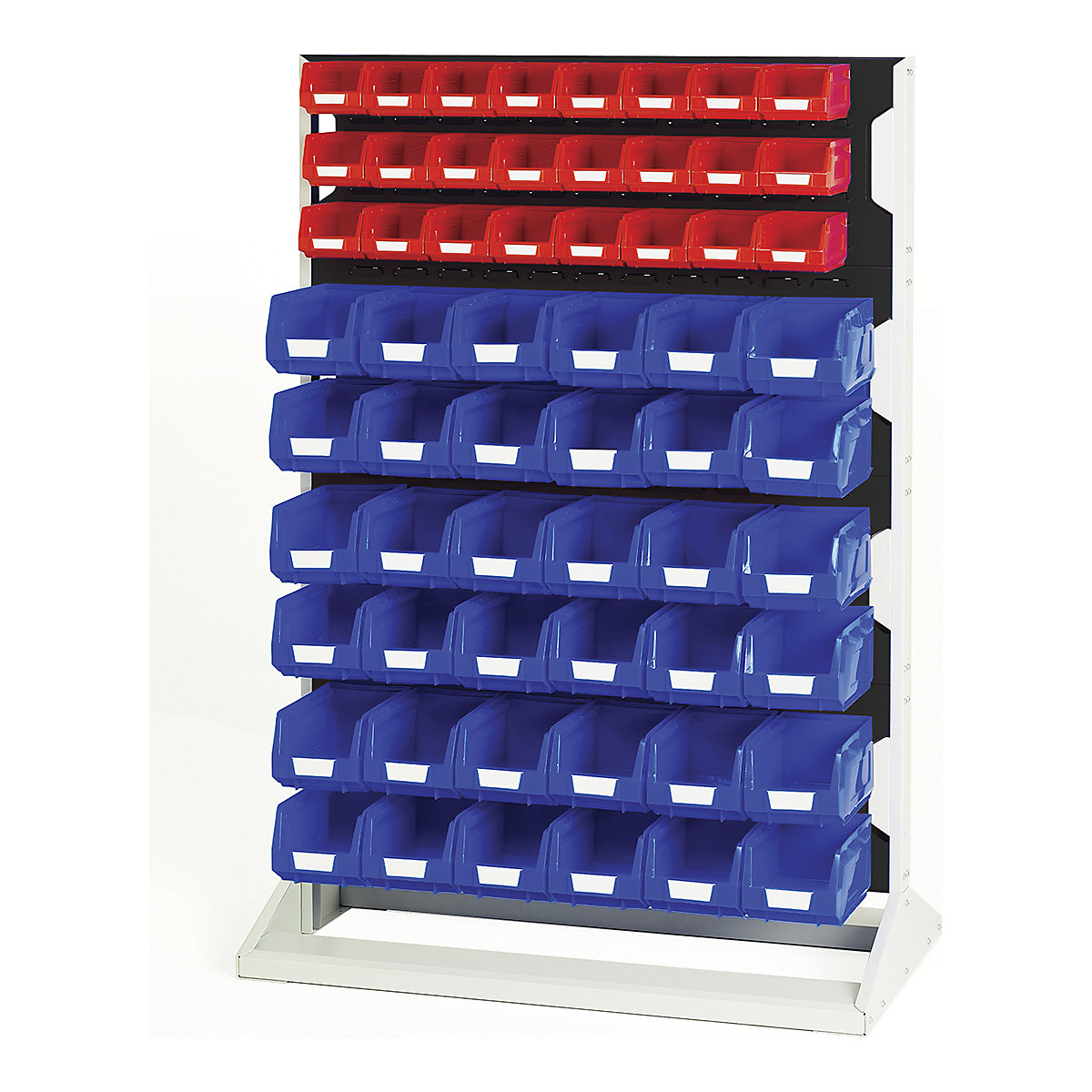 Bott Perfo Louvre Panel Rack | 1450mm High, Bott Perfo Louvre Panel Rack | 1450mm High, Bott Perfo Louvre Panel Rack | Double Sided | 1450h x 1000w x 550d mm | 48 x No. 2 Red Bins & 72 x No.3 Blue Bins | Anthracite Grey-0