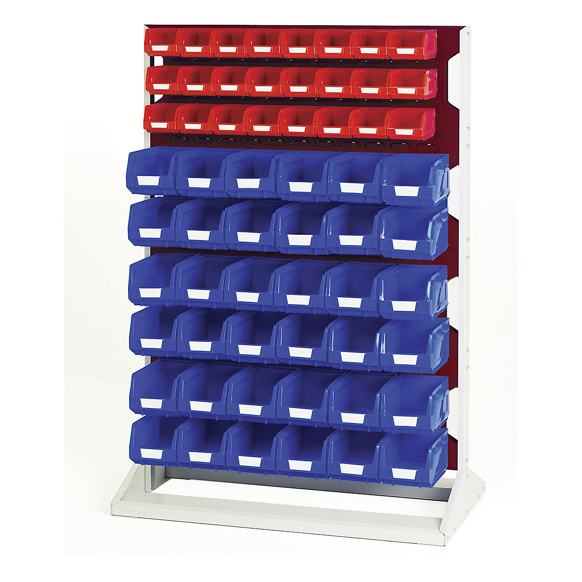 Bott Perfo Louvre Panel Rack | 1450mm High, Bott Perfo Louvre Panel Rack | 1450mm High, Bott Perfo Louvre Panel Rack | Single Sided | 1450h x 1000w x 550d mm | 24 x No. 2 Red Bins & 36 x No. 3 Blue Bins | Red-0