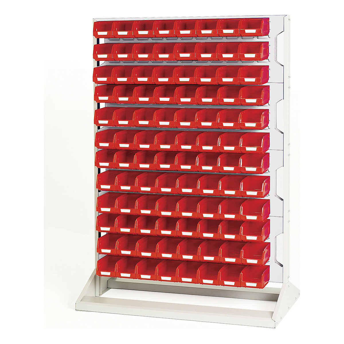 Bott Perfo Louvre Panel Rack | 1450mm High, Bott Perfo Louvre Panel Rack | 1450mm High, Bott Perfo Louvre Panel Rack | Single Sided | 1450h x 1000w x 550d mm | 96 x No. 2 Red Bins | Light Grey-0