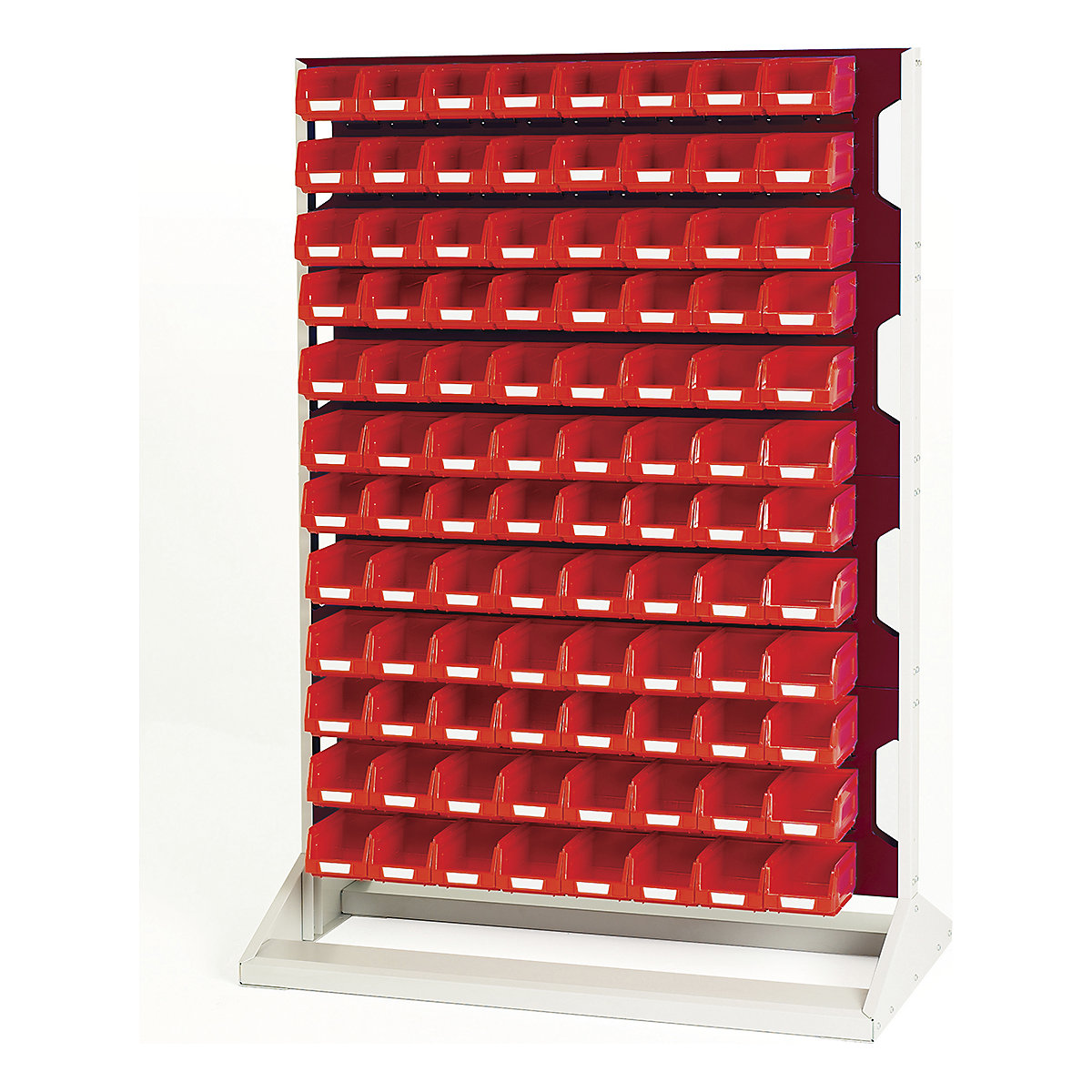Bott Perfo Louvre Panel Rack | 1450mm High, Bott Perfo Louvre Panel Rack | 1450mm High, Bott Perfo Louvre Panel Rack | Single Sided | 1450h x 1000w x 550d mm | 96 x No. 2 Red Bins | Red-0