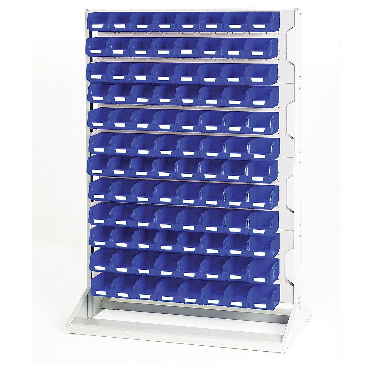 Bott Perfo Louvre Panel Rack | 1450mm High, Bott Perfo Louvre Panel Rack | 1450mm High, Bott Perfo Louvre Panel Rack | Single Sided | 1450h x 1000w x 550d mm | 96 x No. 2 Blue Bins | Light Grey-0
