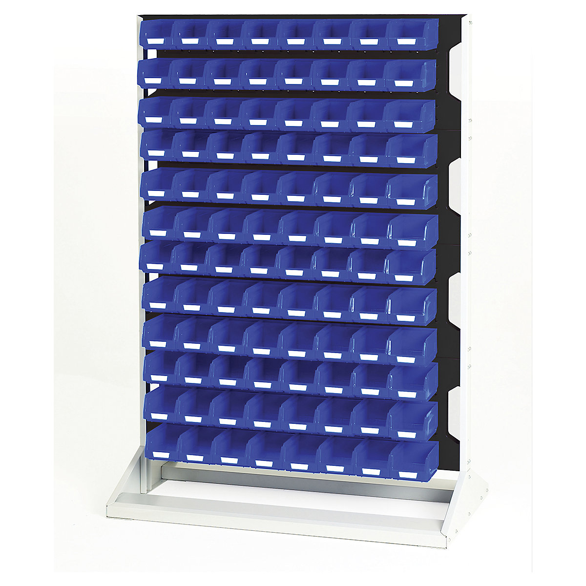 Bott Perfo Louvre Panel Rack | 1450mm High, Bott Perfo Louvre Panel Rack | 1450mm High, Bott Perfo Louvre Panel Rack | Single Sided | 1450h x 1000w x 550d mm | 96 x No. 2 Blue Bins | Anthracite Grey-0
