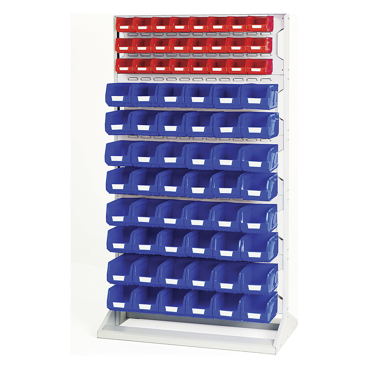 Bott Perfo Louvre Panel Rack | 1775mm High, Bott Perfo Louvre Panel Rack | 1775mm High, Bott Perfo Louvre Panel Rack | Single Sided | 1775h x 1000w x 550d mm | 24 x No. 2 Red Bins & 48 x No. 3 Blue Bins | Light Grey-0