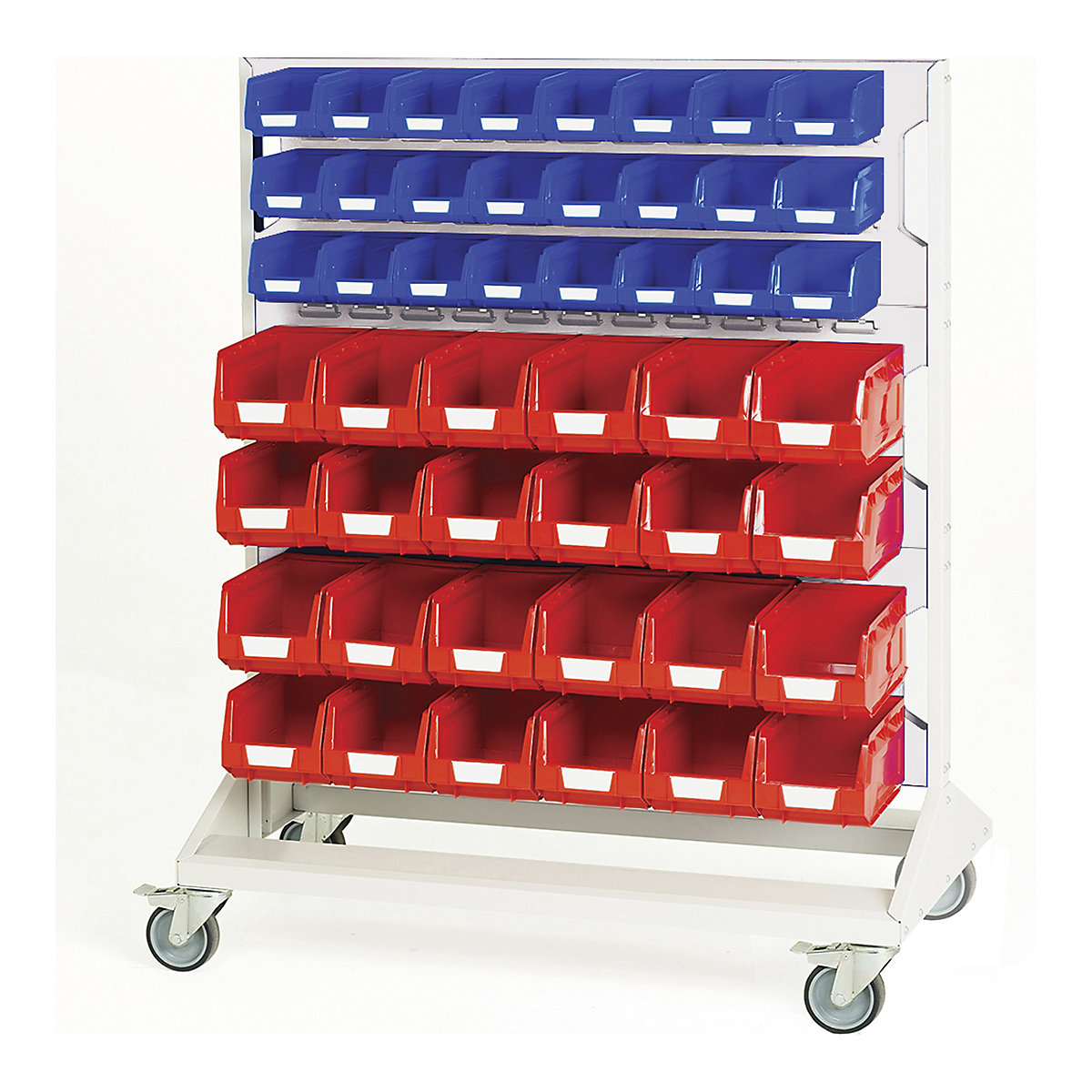 Bott Perfo Louvre Panel Trolleys, Bott Perfo Louvre Panel Trolleys, Bott Perfo Louvre Panel Trolley | Double Sided | 1250h x 1000w x 550d mm | 48 x No. 2 Blue Bins & 48 x No. 3 Red Bins | Light Grey-0