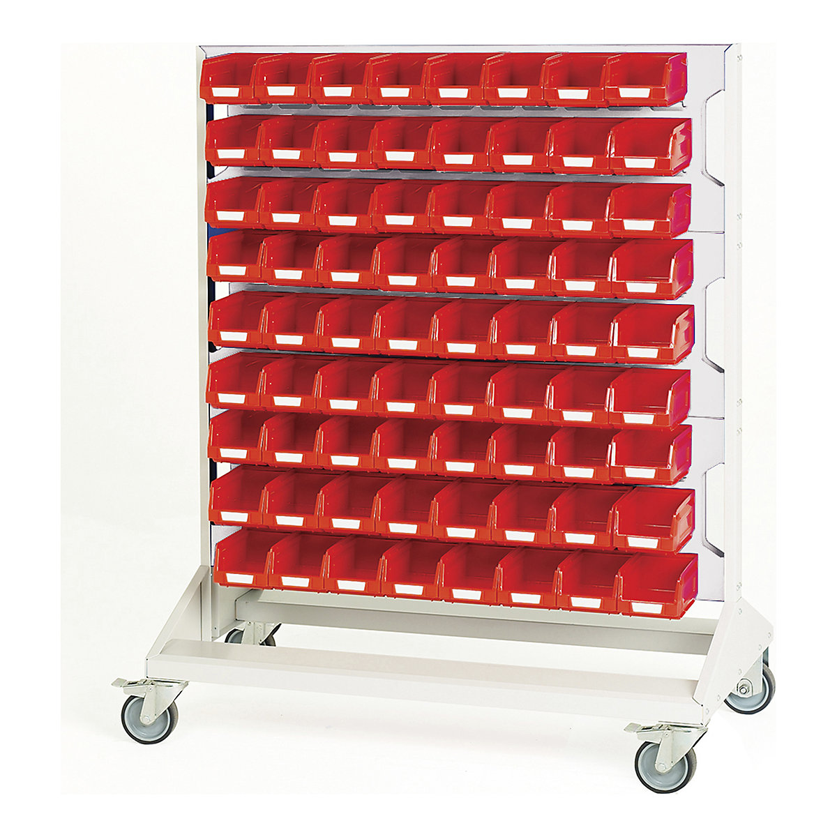 Bott Perfo Louvre Panel Trolleys, Bott Perfo Louvre Panel Trolleys, Bott Perfo Louvre Panel Trolley | Double Sided | 1250h x 1000w x 550d mm | 144 x No. 2 Red Bins | Light Grey-0