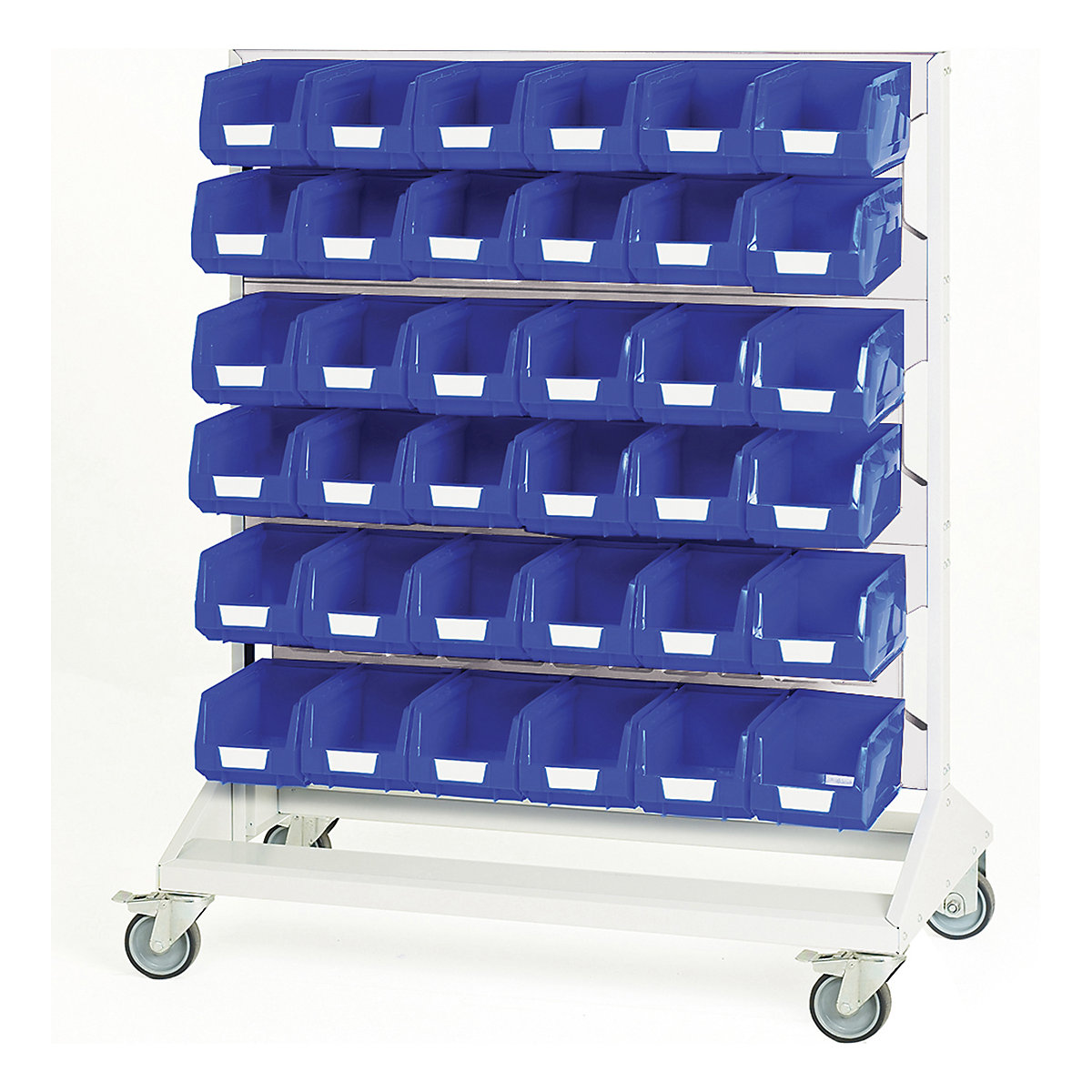 Bott Perfo Louvre Panel Trolleys, Bott Perfo Louvre Panel Trolleys, Bott Perfo Louvre Panel Trolley | Double Sided | 1250h x 1000w x 550d mm | 72 x No. 3 Blue Bins | Light Grey-0