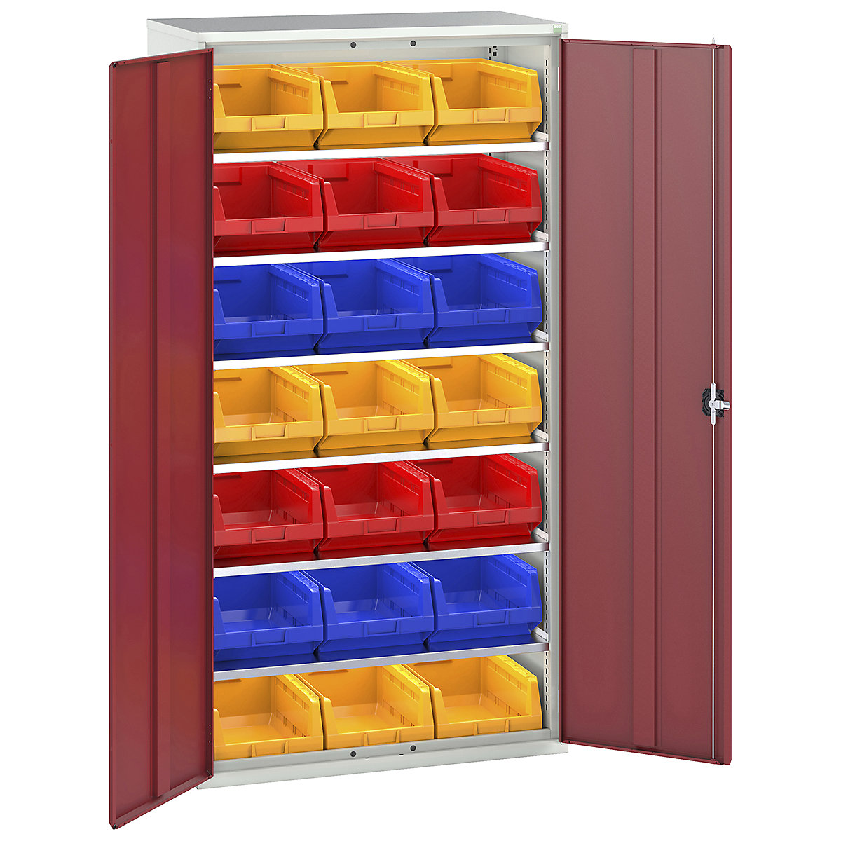 Bott Verso Bin Cupboards, Bott Verso Bin Cupboards, Bott Verso Bin Cupboard | 2000h x 1050w x 550d mm | 6 Shelves | 21 x No. 5 Bins | Red-0