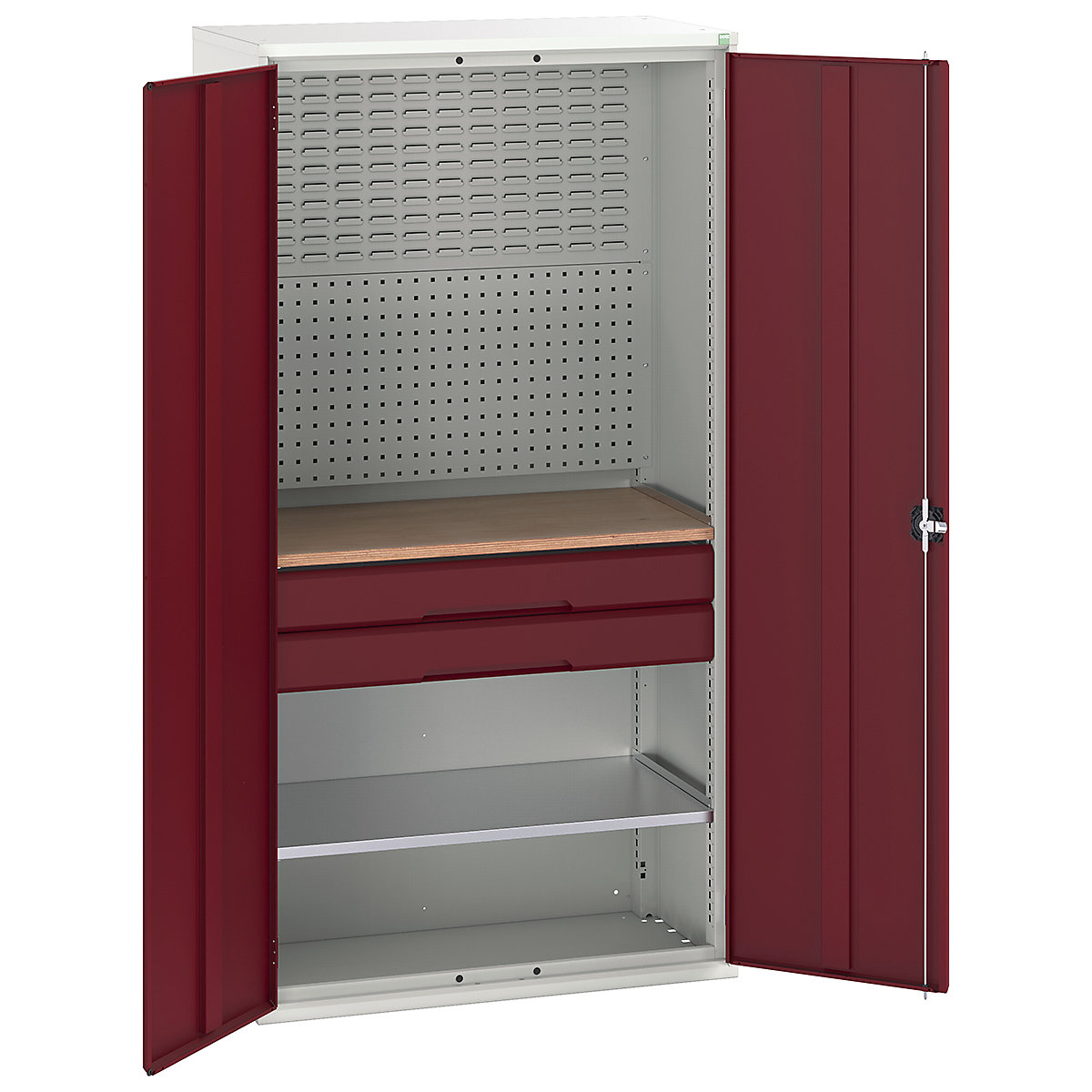 Bott Verso Mini Workshop Cupboards, Bott Verso Mini Workshop Cupboards, Bott Verso Mini Workshop Cupboard | 2000h x 1050w x 550d mm | 2 Drawers, 1 Shelf & Multiplex Shelf | Red-0