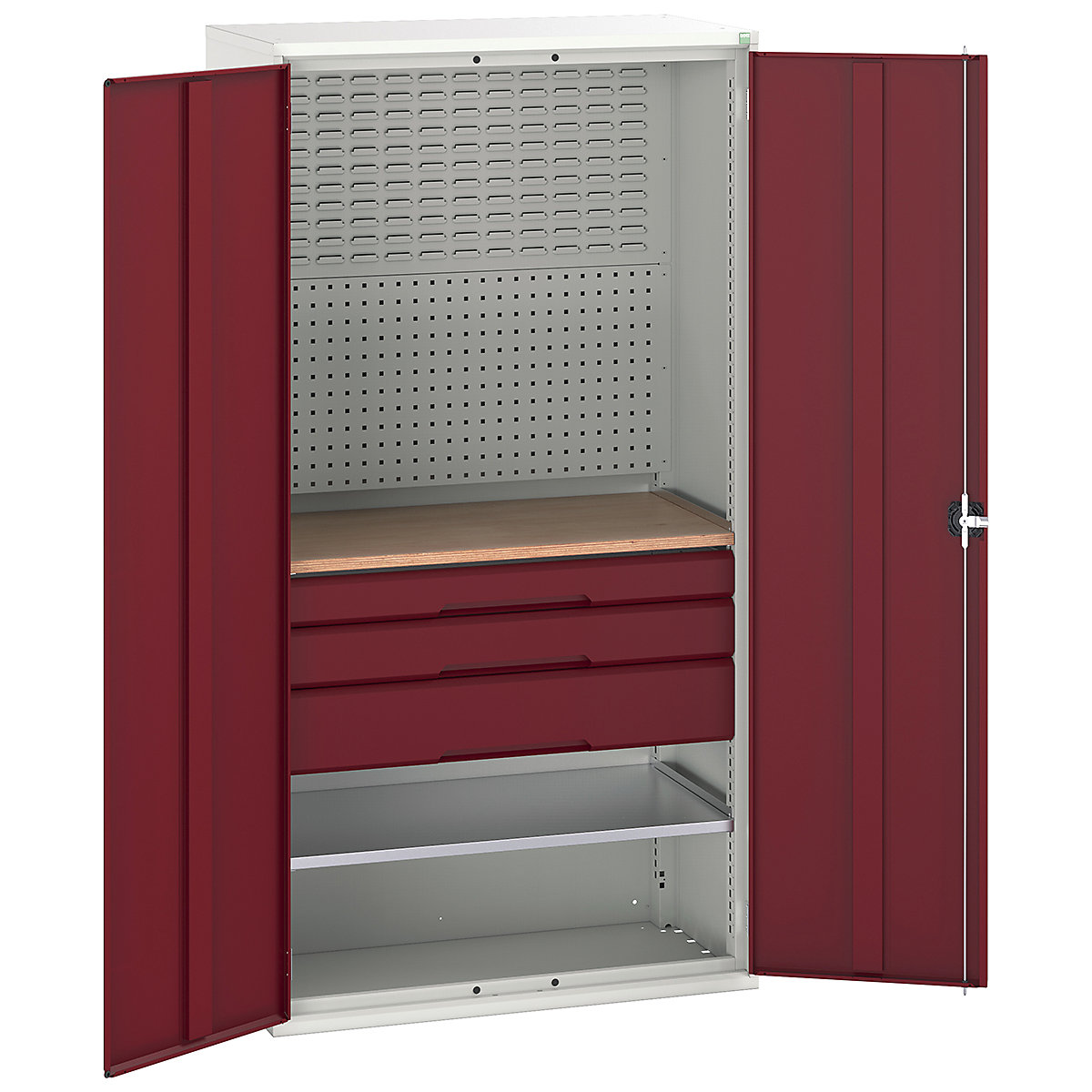 Bott Verso Mini Workshop Cupboards, Bott Verso Mini Workshop Cupboards, Bott Verso Mini Workshop Cupboard | 2000h x 1050w x 550d mm | 3 Drawers, 1 Shelf & Multiplex Shelf | Red-0