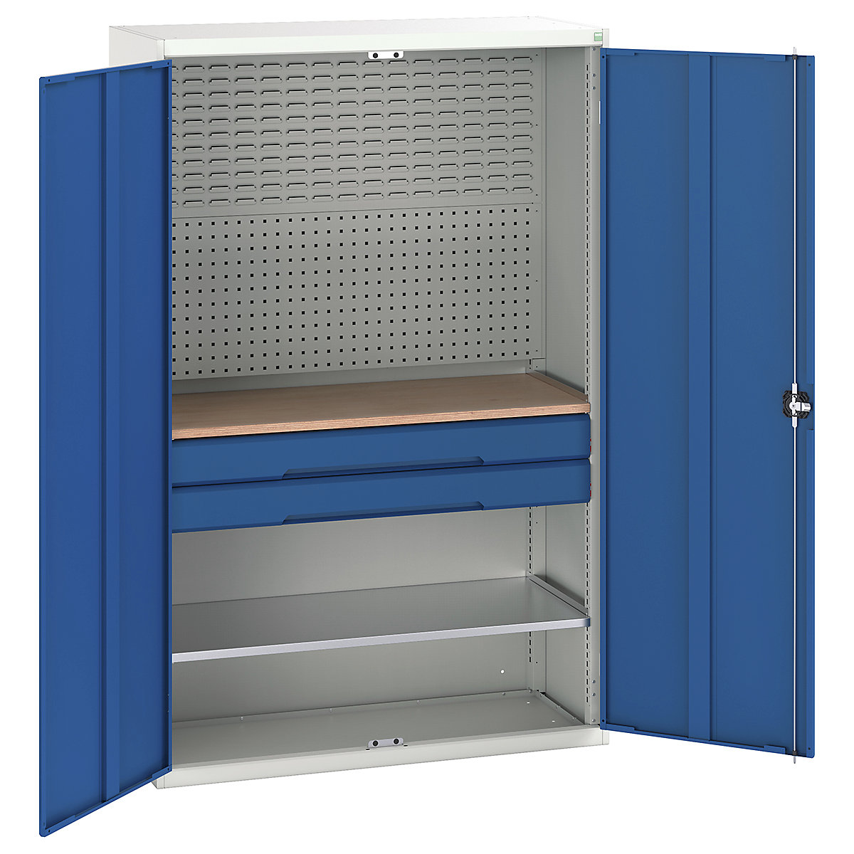 Bott Verso Mini Workshop Cupboards, Bott Verso Mini Workshop Cupboards, Bott Verso Mini Workshop Cupboard | 2000h x 1300w x 550d mm | 2 Drawers, 1 Shelf & Multiplex Shelf | Blue-0