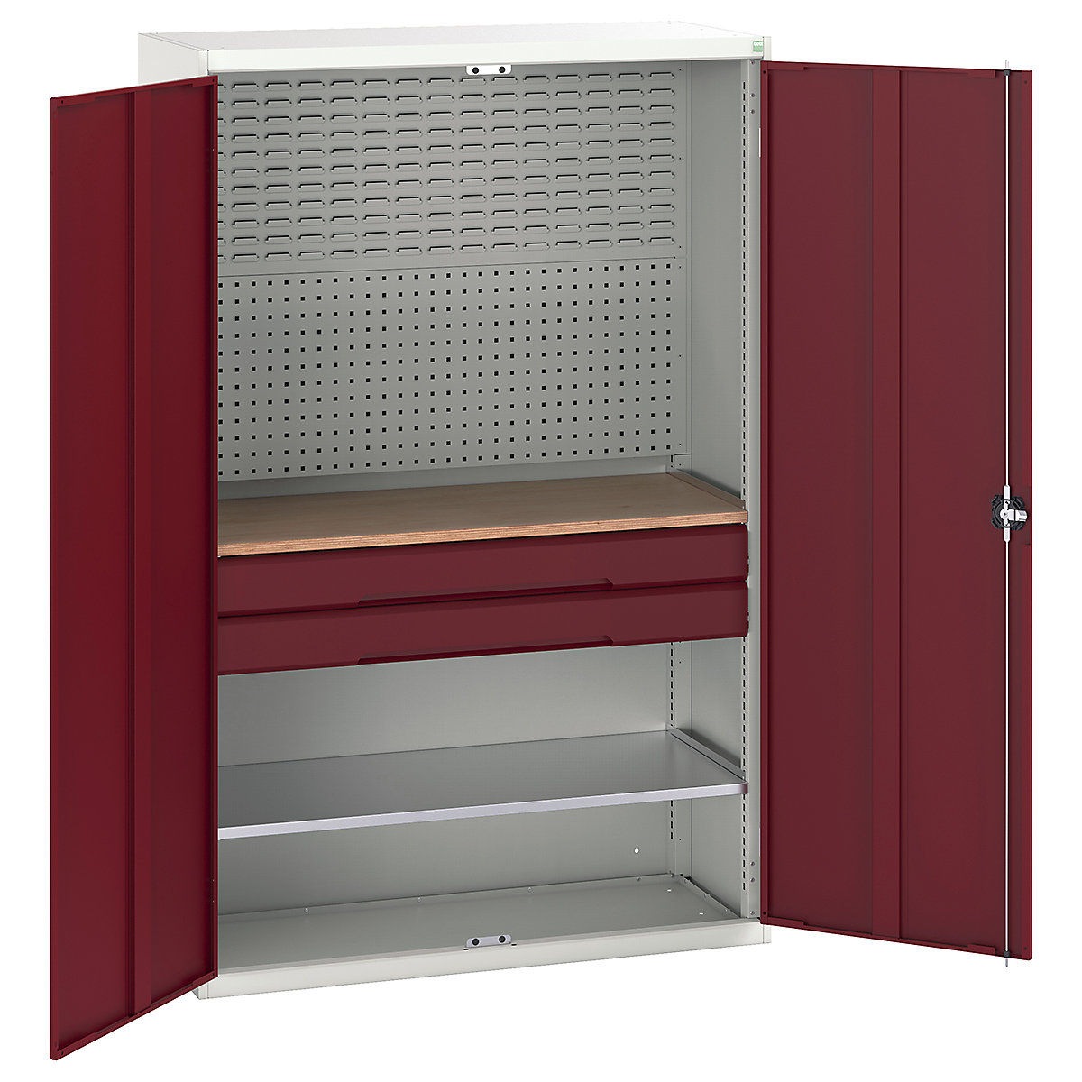 Bott Verso Mini Workshop Cupboards, Bott Verso Mini Workshop Cupboards, Bott Verso Mini Workshop Cupboard | 2000h x 1300w x 550d mm | 2 Drawers, 1 Shelf & Multiplex Shelf | Red-0