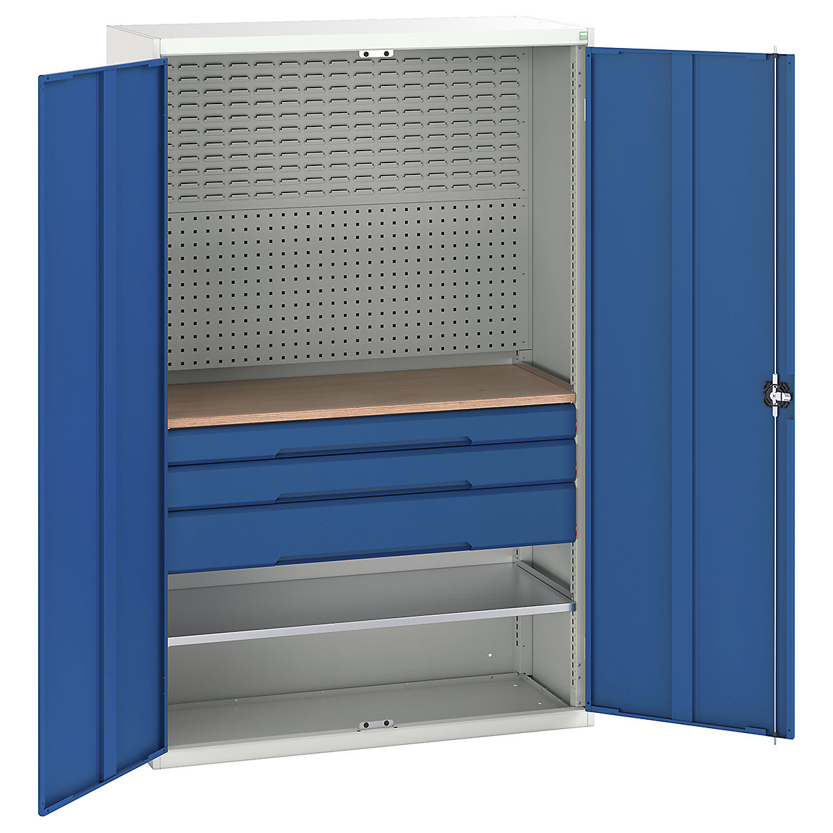Bott Verso Mini Workshop Cupboards, Bott Verso Mini Workshop Cupboards, Bott Verso Mini Workshop Cupboard | 2000h x 1300w x 550d mm | 3 Drawers, 1 Shelf & Multiplex Shelf | Blue-0