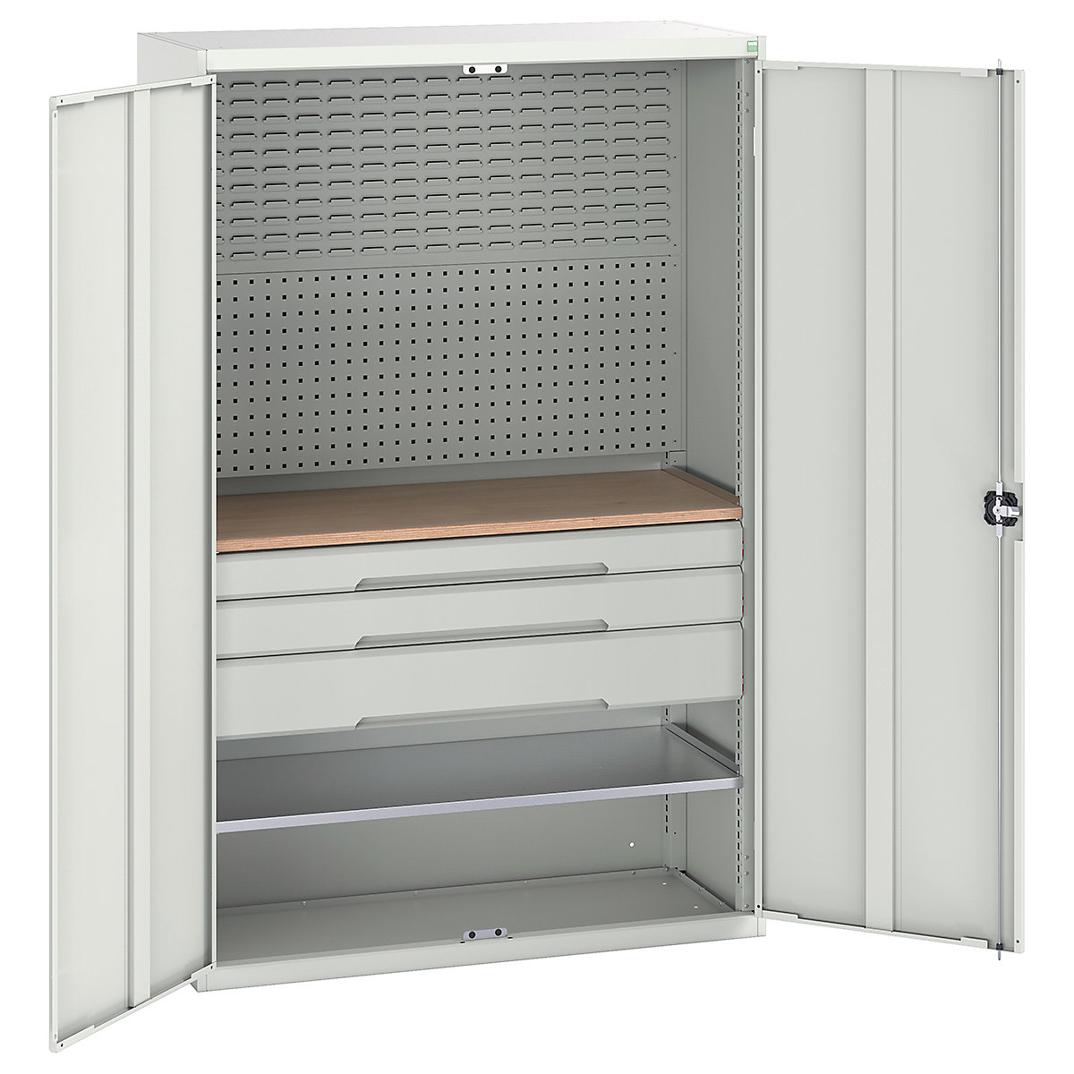 Bott Verso Mini Workshop Cupboards, Bott Verso Mini Workshop Cupboards, Bott Verso Mini Workshop Cupboard | 2000h x 1300w x 550d mm | 3 Drawers, 1 Shelf & Multiplex Shelf | Light Grey-0