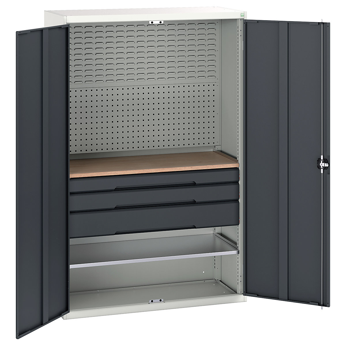 Bott Verso Mini Workshop Cupboards, Bott Verso Mini Workshop Cupboards, Bott Verso Mini Workshop Cupboard | 2000h x 1300w x 550d mm | 3 Drawers, 1 Shelf & Multiplex Shelf | Anthracite Grey-0