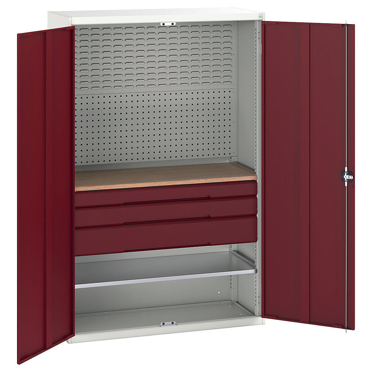 Bott Verso Mini Workshop Cupboards, Bott Verso Mini Workshop Cupboards, Bott Verso Mini Workshop Cupboard | 2000h x 1300w x 550d mm | 3 Drawers, 1 Shelf & Multiplex Shelf | Red-0