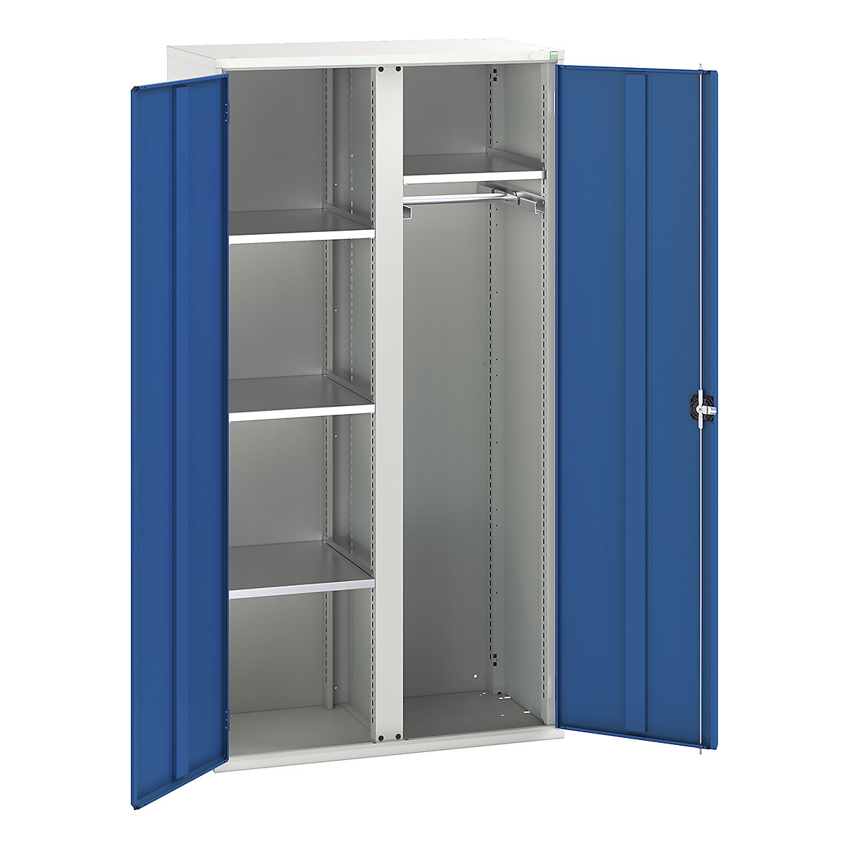Bott Verso Workshop PPE Cupboards, Bott Verso Workshop PPE Cupboards, Bott Verso Workshop PPE Cupboards | 2000h x 1050w x 550d mm | 4 Shelves | 1 Rail | Plain Doors | Blue-0