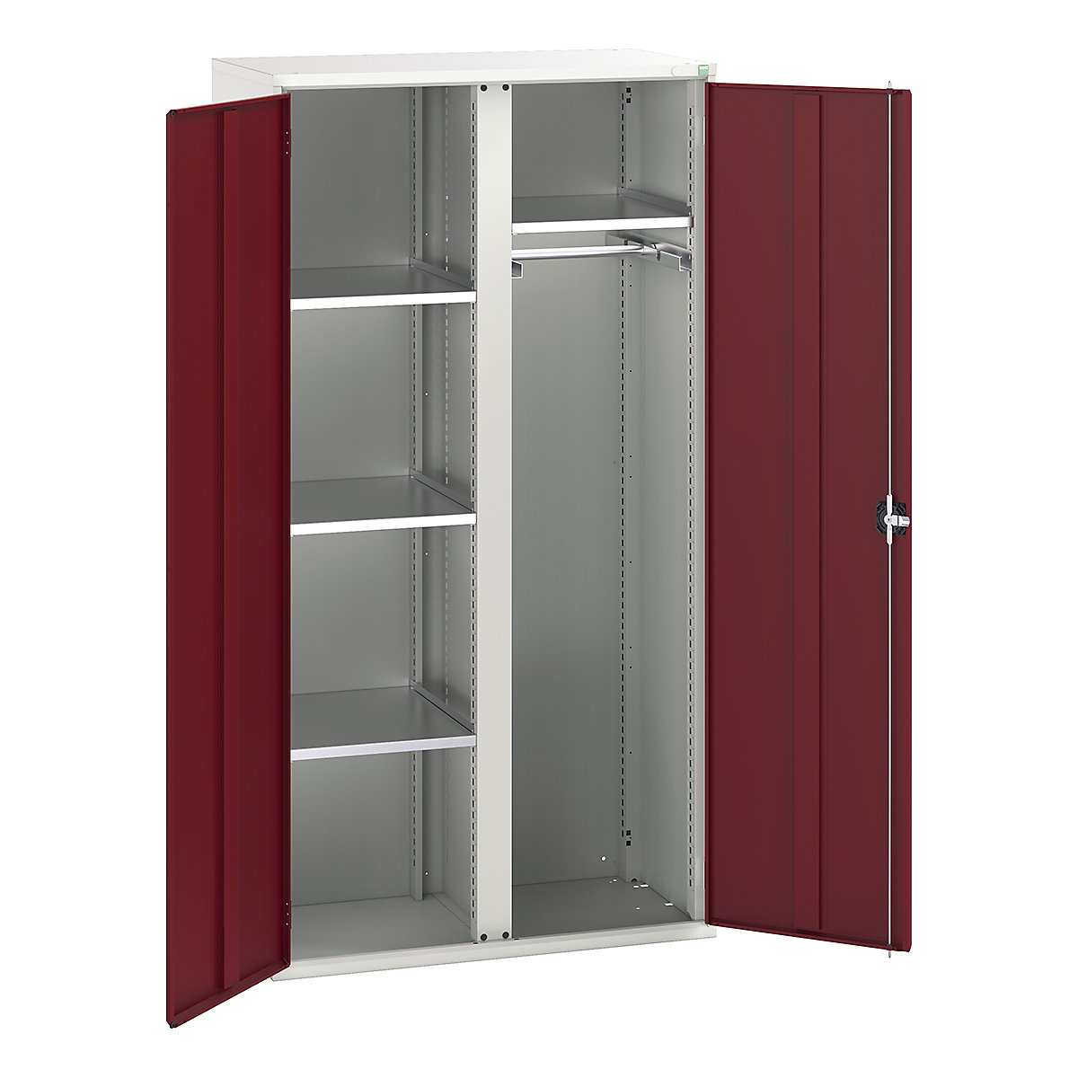 Bott Verso Workshop PPE Cupboards, Bott Verso Workshop PPE Cupboards, Bott Verso Workshop PPE Cupboards | 2000h x 1050w x 550d mm | 4 Shelves | 1 Rail | Plain Doors | Red-0