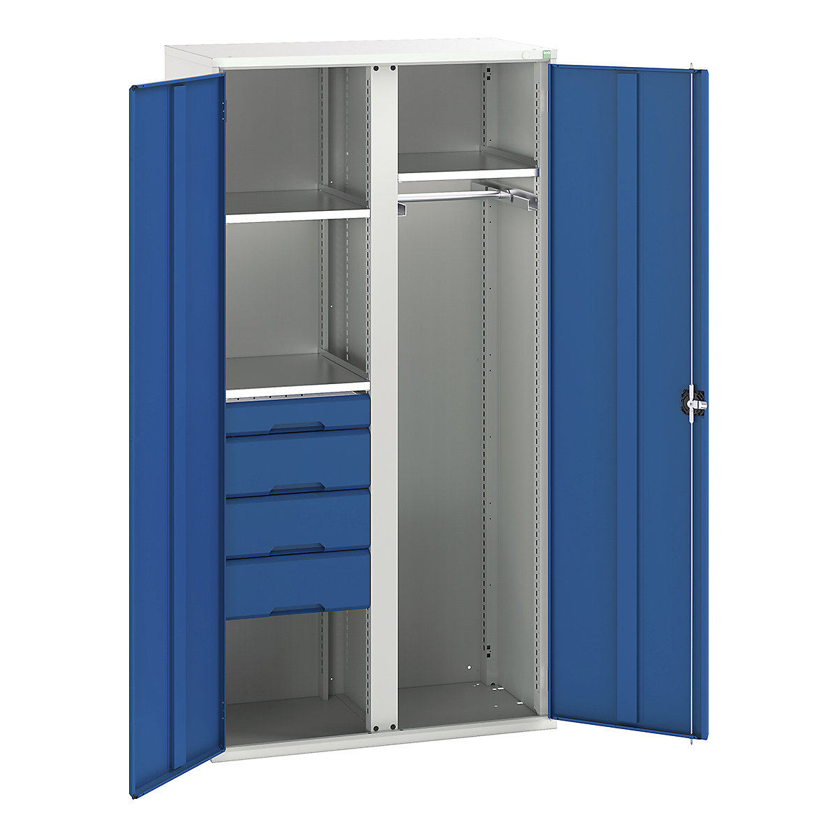 Bott Verso Workshop PPE Cupboards, Bott Verso Workshop PPE Cupboards, Bott Verso Workshop PPE Cupboards | 2000h x 1050w x 550d mm | 3 Shelves | 4 Drawers | 1 Rail | Plain Doors | Blue-0