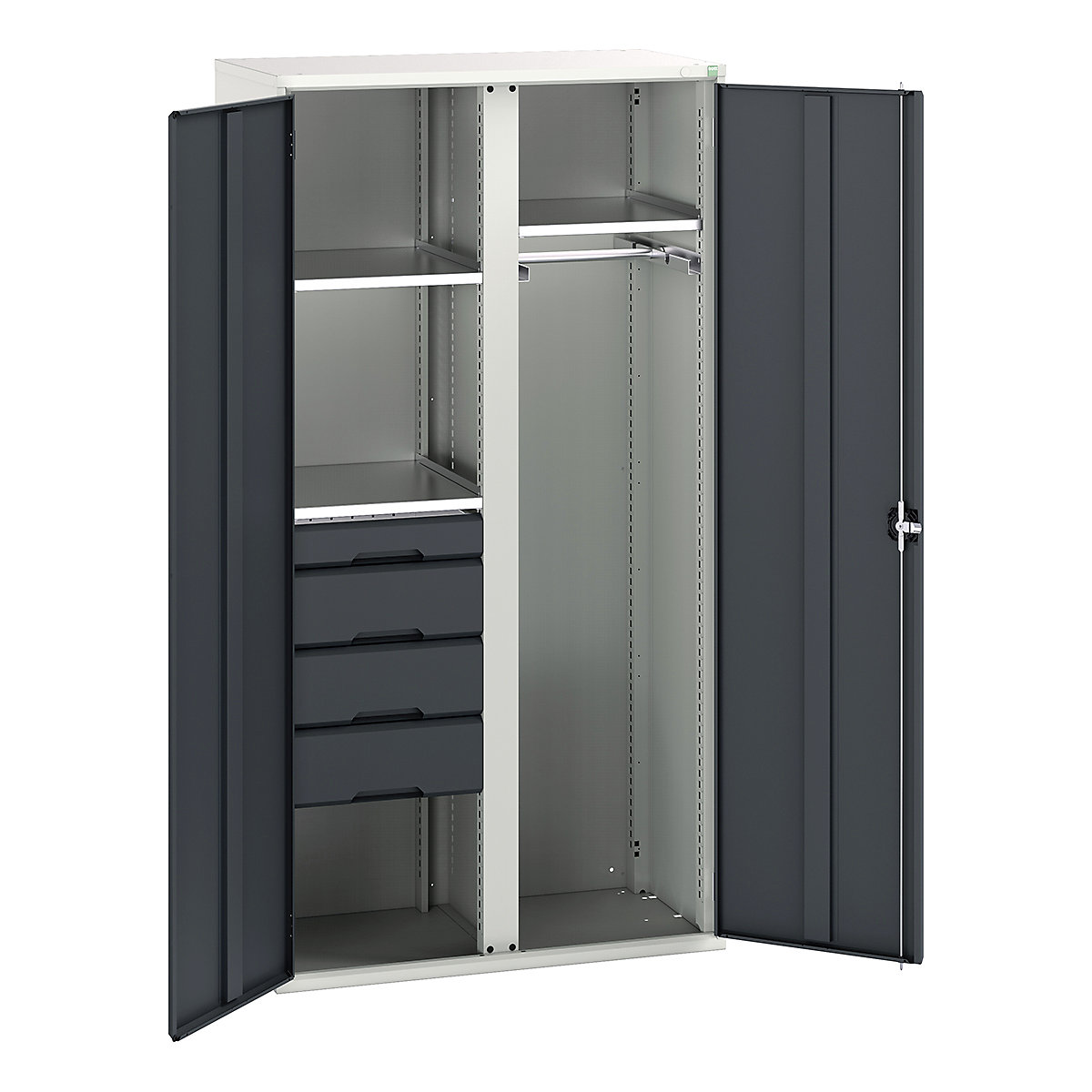 Bott Verso Workshop PPE Cupboards, Bott Verso Workshop PPE Cupboards, Bott Verso Workshop PPE Cupboards | 2000h x 1050w x 550d mm | 3 Shelves | 4 Drawers | 1 Rail | Plain Doors | Anthracite Grey-0
