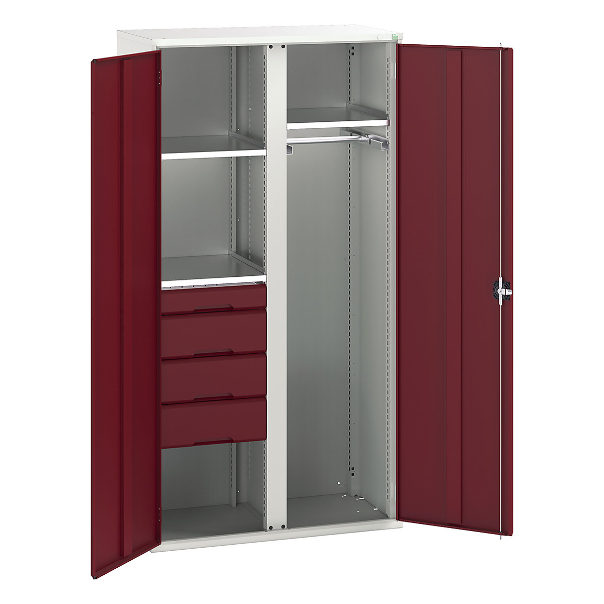 Bott Verso Workshop PPE Cupboards, Bott Verso Workshop PPE Cupboards, Bott Verso Workshop PPE Cupboards | 2000h x 1050w x 550d mm | 3 Shelves | 4 Drawers | 1 Rail | Plain Doors | Red-0