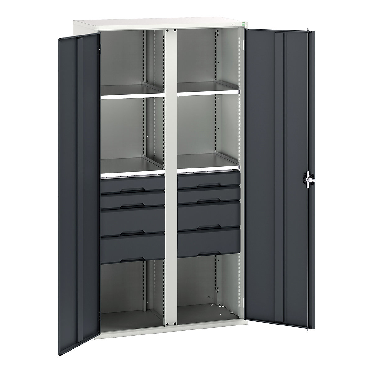 Bott Verso Workshop PPE Cupboards, Bott Verso Workshop PPE Cupboards, Bott Verso Workshop PPE Cupboards | 2000h x 1050w x 550d mm | 4 Shelves | 8 Drawers | Plain Doors | Anthracite Grey-0