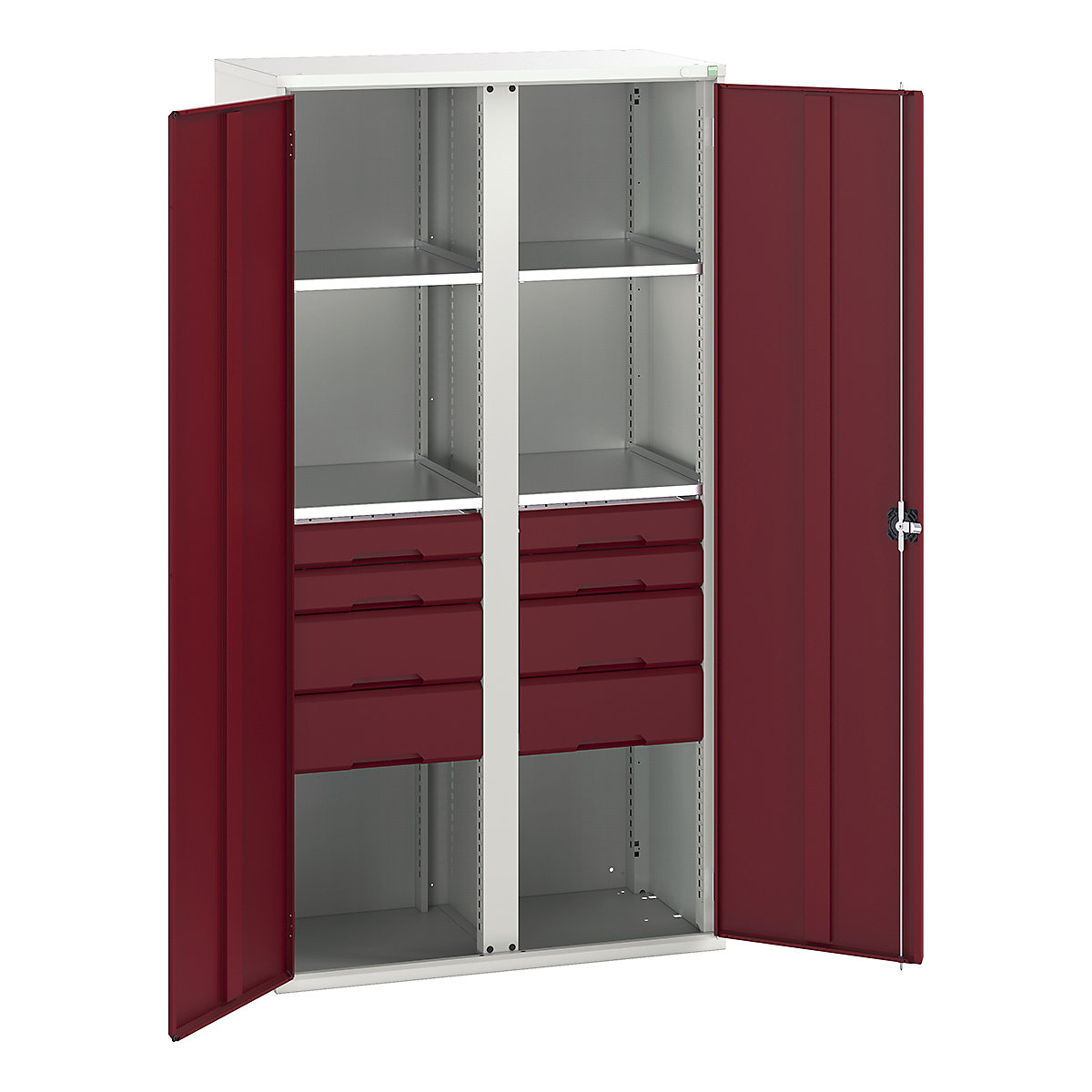 Bott Verso Workshop PPE Cupboards, Bott Verso Workshop PPE Cupboards, Bott Verso Workshop PPE Cupboards | 2000h x 1050w x 550d mm | 4 Shelves | 8 Drawers | Plain Doors | Red-0