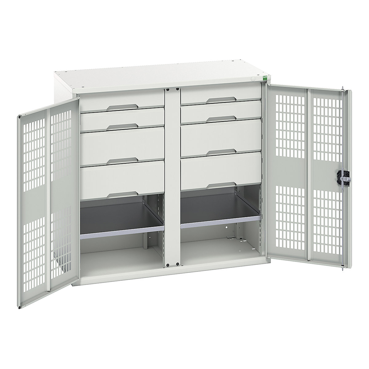 Bott Verso Workshop PPE Cupboards, Bott Verso Workshop PPE Cupboards, Bott Verso Workshop PPE Cupboards | 1000h x 1050w x 550d mm | 2 Shelves | 8 Drawers | Ventilated Doors | Light Grey-0